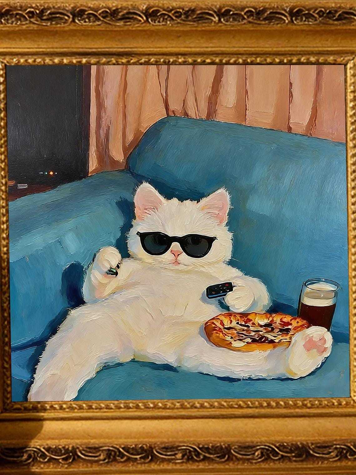 Hand-painted Oil Painting, Cozy Cat Art, Framed Wall Decor, Lazy White Cat with Pizza &amp; Sunglasse