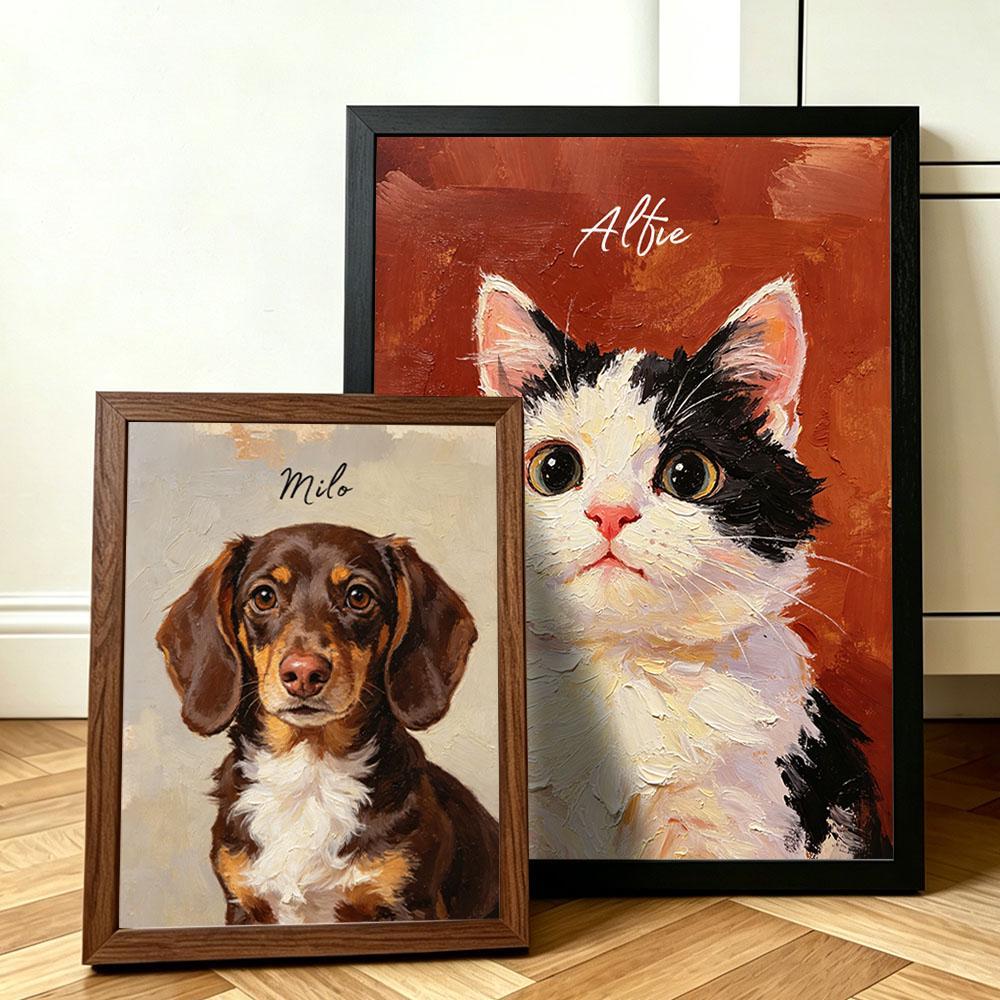 Custom Printed Cat Portrait, Oil Painting Style, Personalized Name, Personalized Cat/Dog Portrait from Photo, Pet Memorial Gift