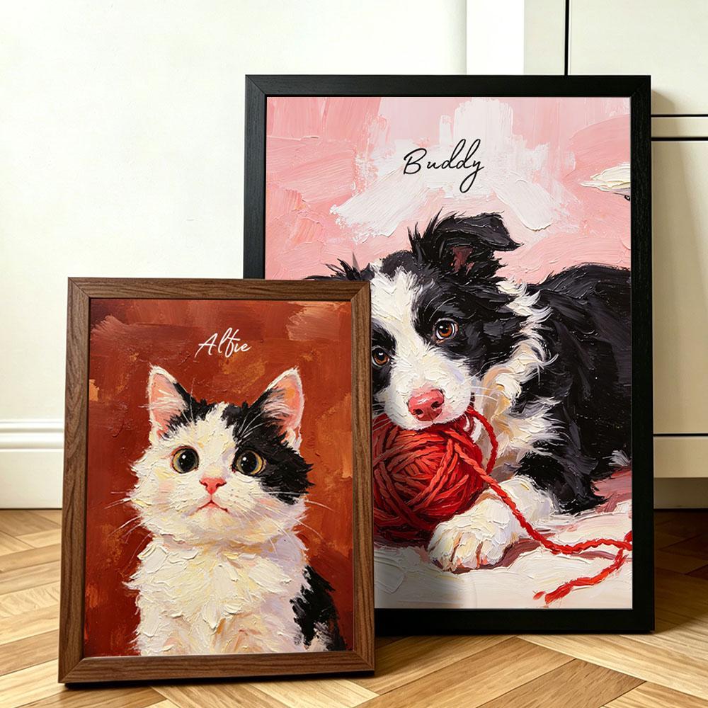 Custom Printed Dog Portrait, Oil Painting Style, Personalized Name, Pet Memorial Gift, Personalized Cat/Dog Portrait from Photo