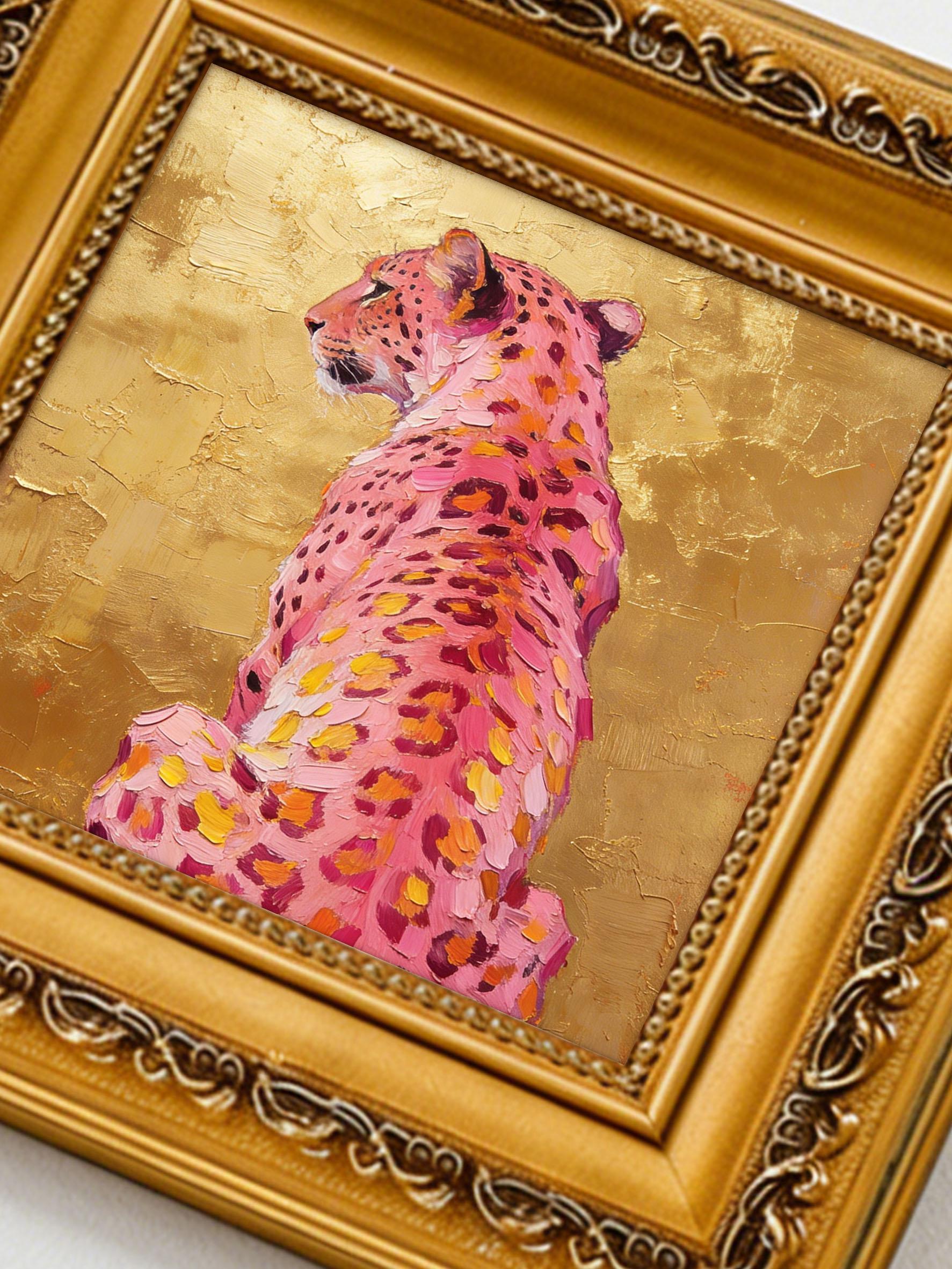 Original Hand-Painted Pink Cheetah Oil Painting, Gold Leaf Background Framed Wall Art
