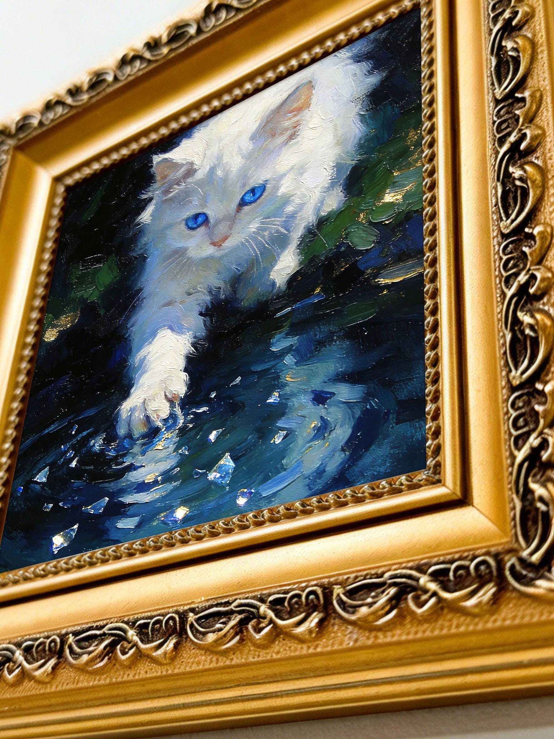 Original Hand-Painted Oil Painting, White Cat with Blue Eyes Playing in Water, Framed Wall Art