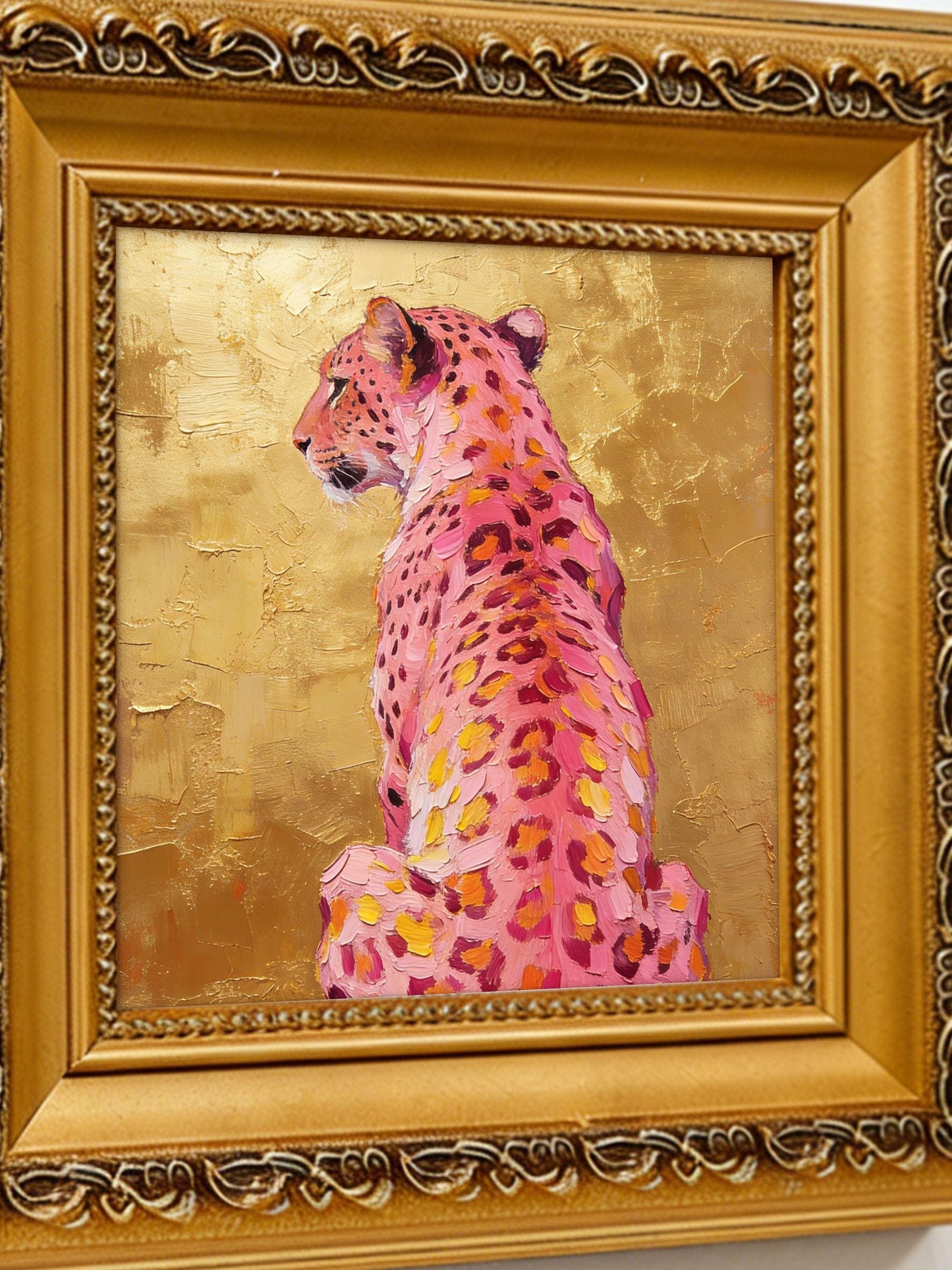 Original Hand-Painted Pink Cheetah Oil Painting, Gold Leaf Background Framed Wall Art