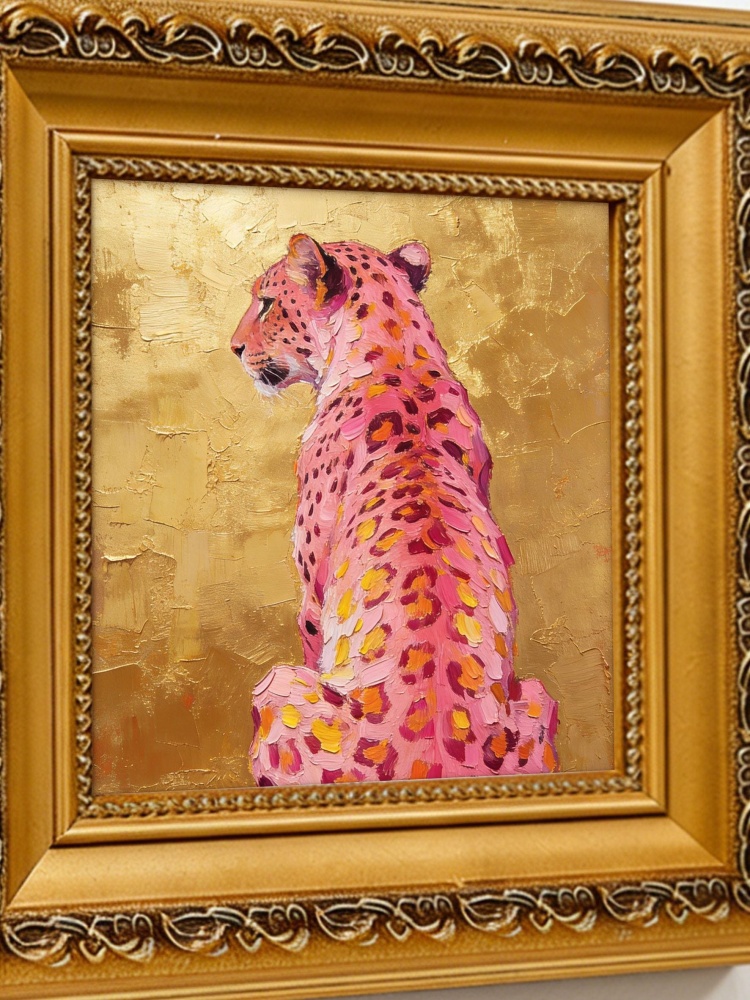 Original Hand-Painted Pink Cheetah Oil Painting, Gold Leaf Background Framed Wall Art