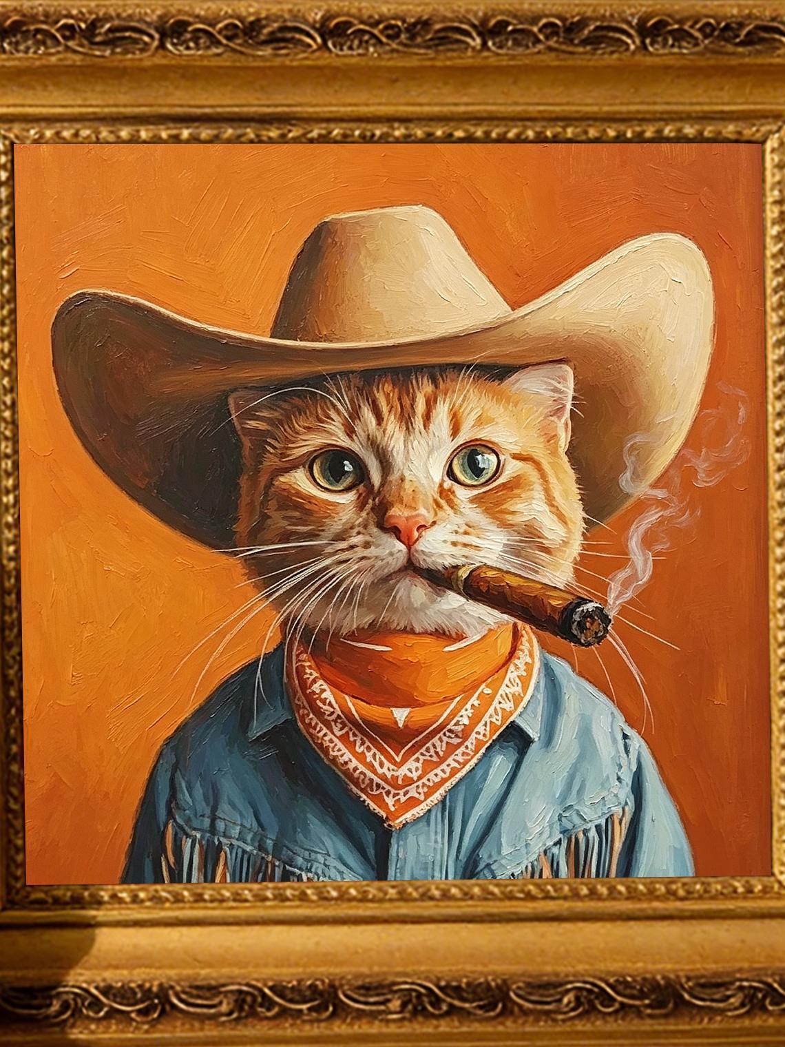 Cowboy Cat smoking Oil Painting Print, Funny Ginger Cat Wall Art, Western Cat Decor, Cat Lover Gift