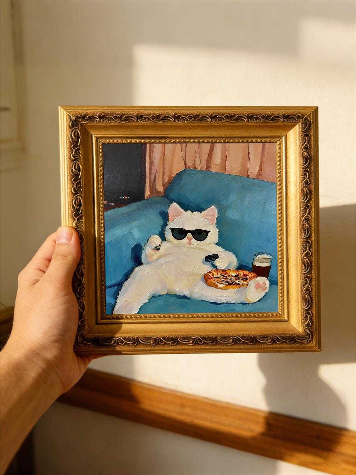 Hand-painted Oil Painting, Cozy Cat Art, Framed Wall Decor, Lazy White Cat with Pizza &amp; Sunglasse