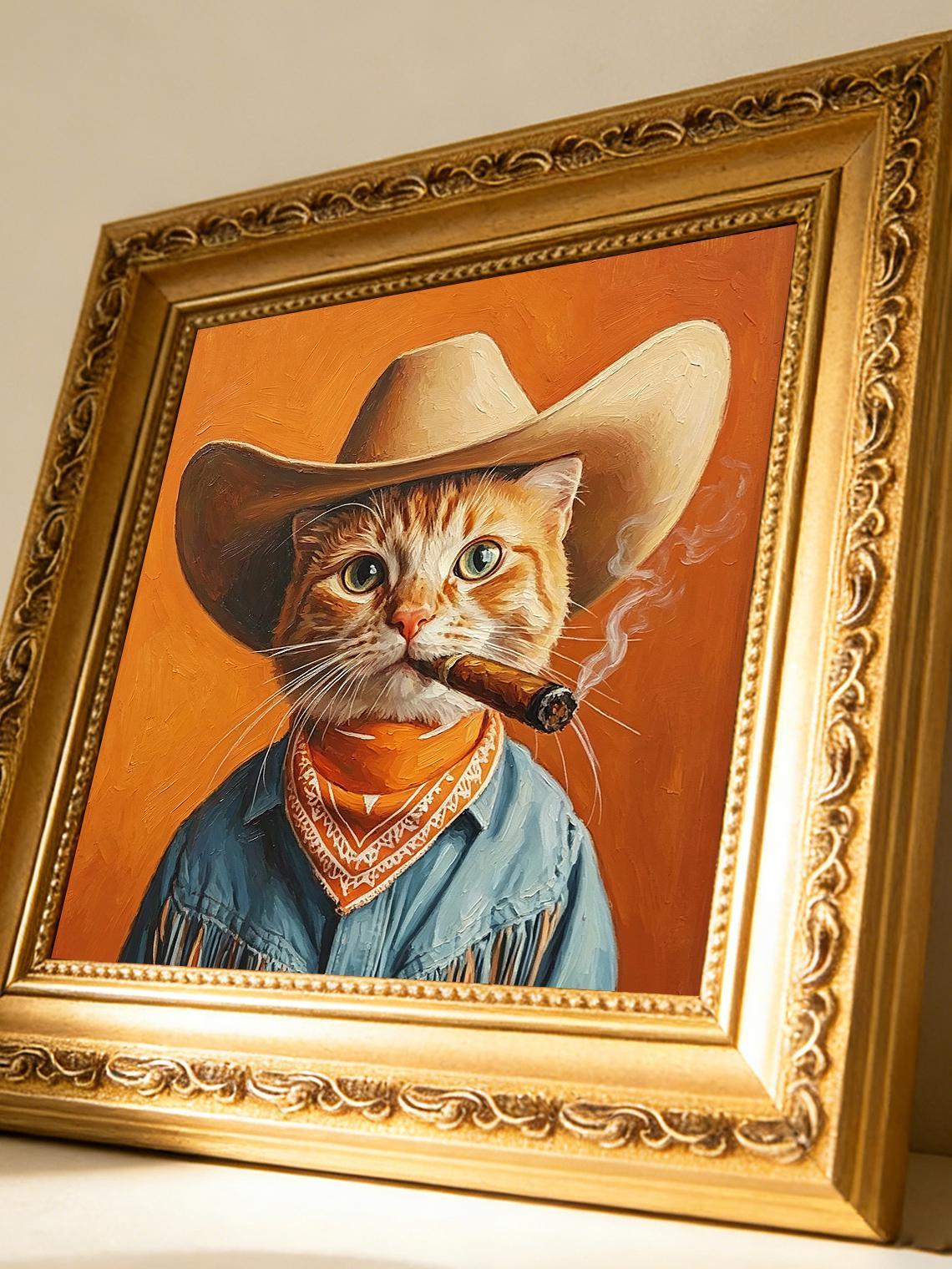 Cowboy Cat smoking Oil Painting Print, Funny Ginger Cat Wall Art, Western Cat Decor, Cat Lover Gift
