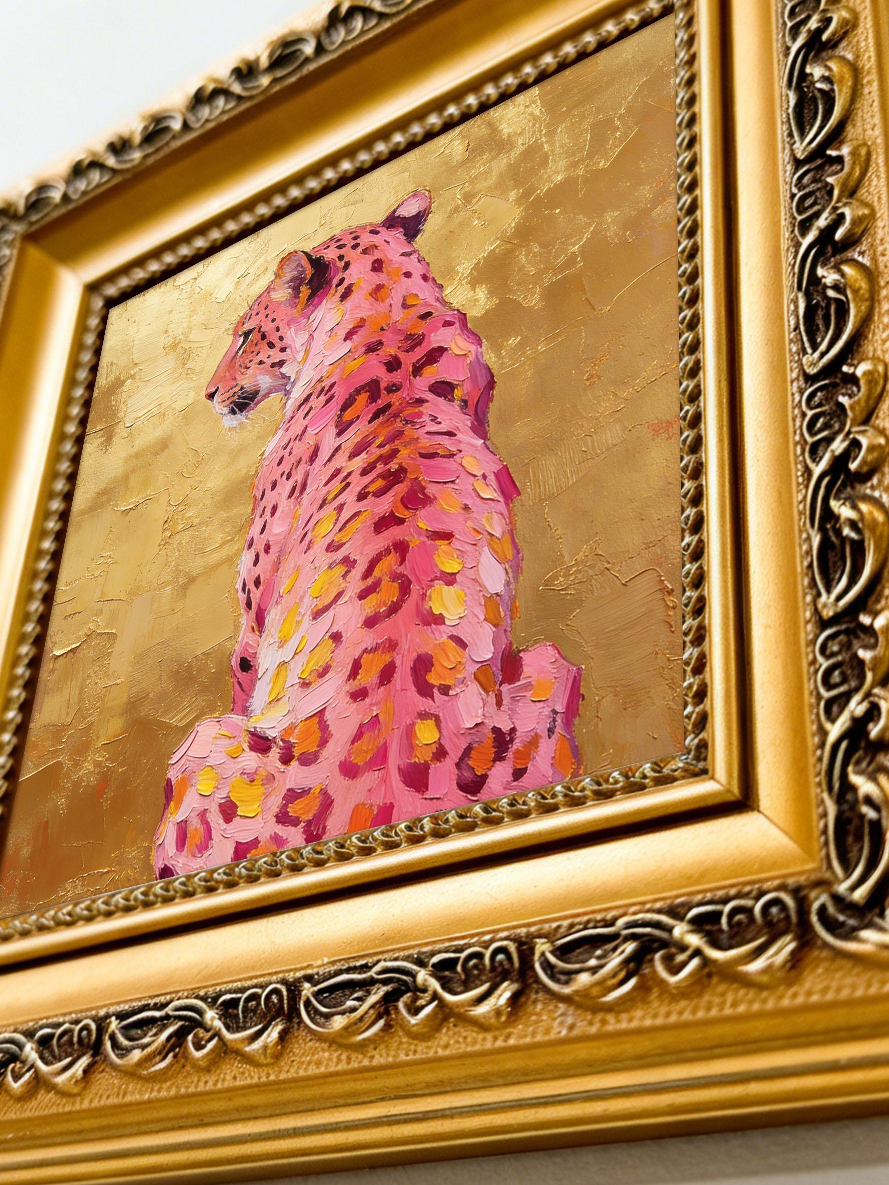 Original Hand-Painted Pink Cheetah Oil Painting, Gold Leaf Background Framed Wall Art
