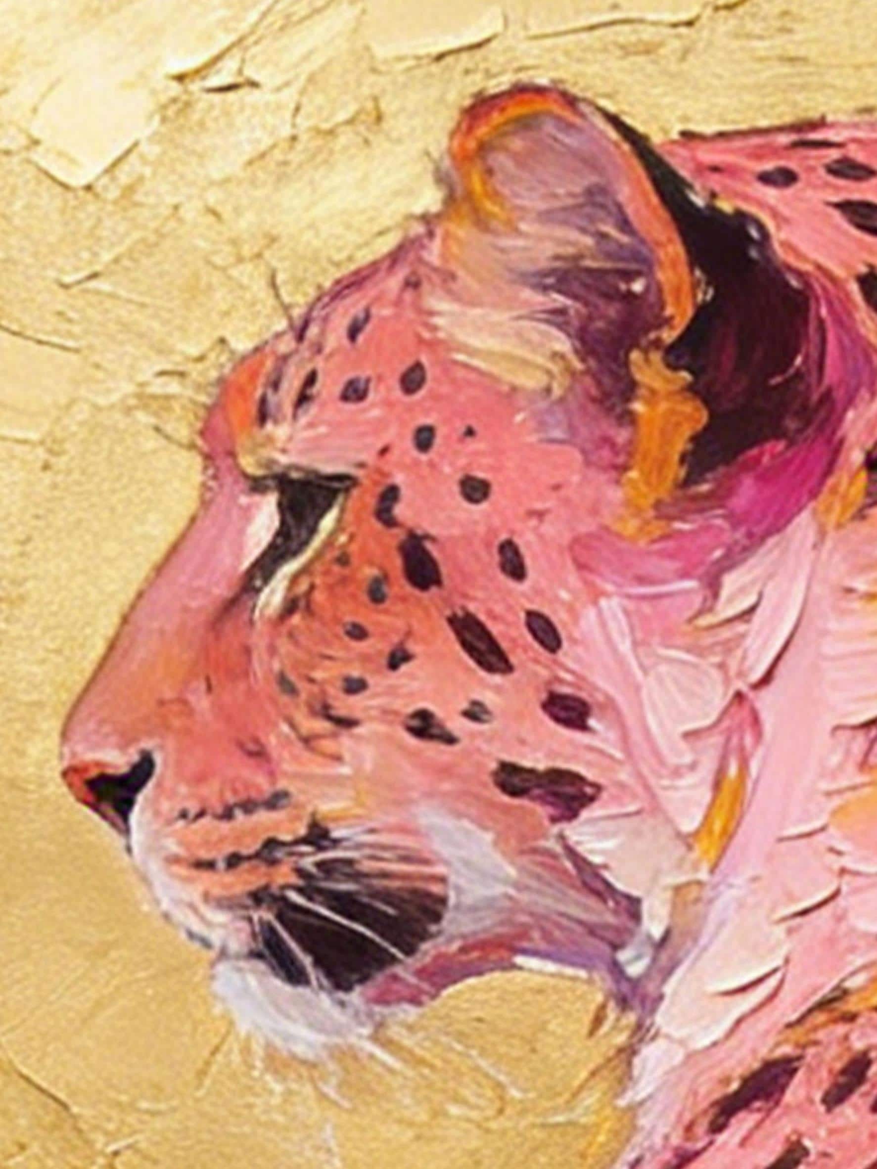 Original Hand-Painted Pink Cheetah Oil Painting, Gold Leaf Background Framed Wall Art