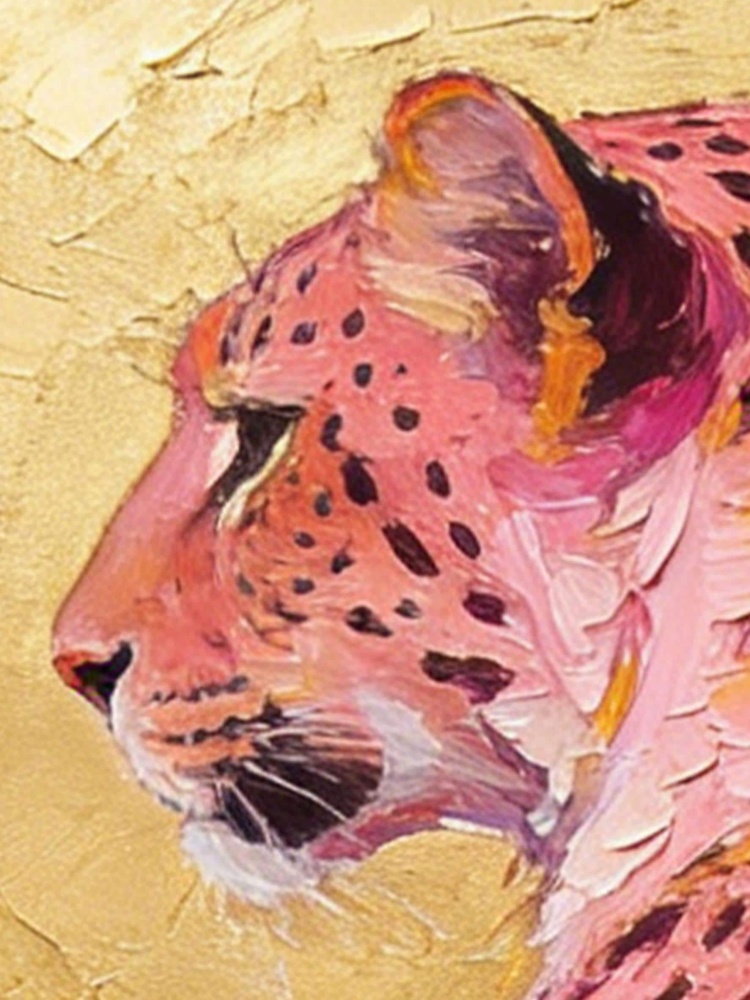 Original Hand-Painted Pink Cheetah Oil Painting, Gold Leaf Background Framed Wall Art