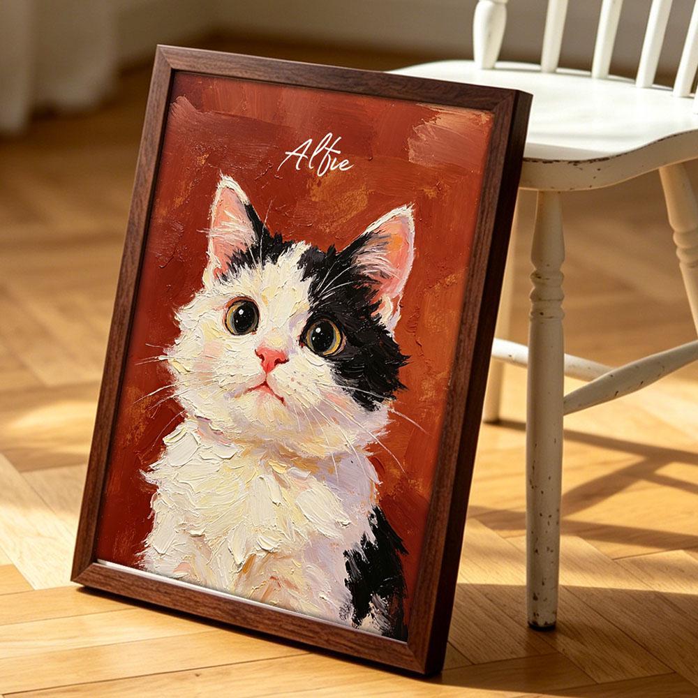 Custom Printed Cat Portrait, Oil Painting Style, Personalized Name, Personalized Cat/Dog Portrait from Photo, Pet Memorial Gift
