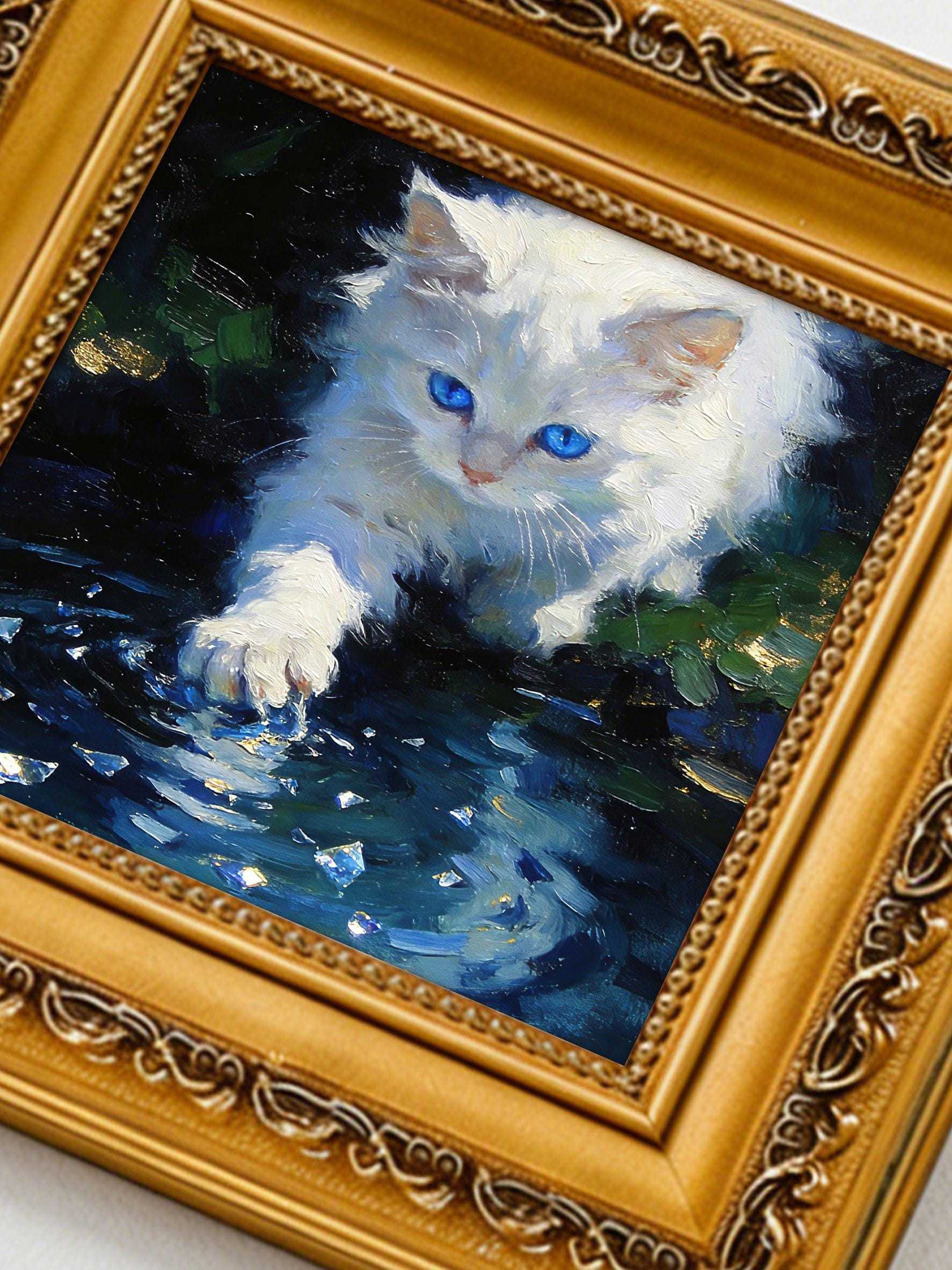 Original Hand-Painted Oil Painting, White Cat with Blue Eyes Playing in Water, Framed Wall Art