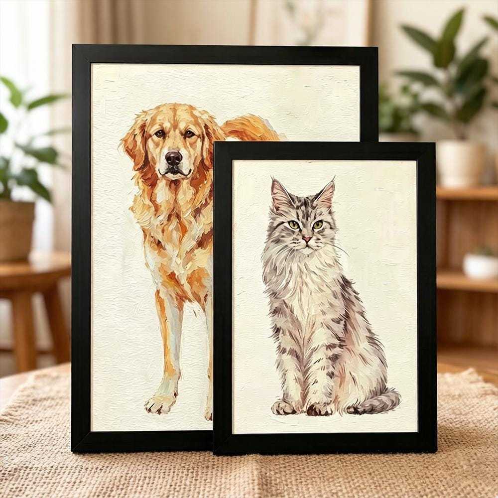 Golden Retriever and Maine Coon Cat Art oil Printing, Whimsical Pet Wall Art, Pet Lover Gift