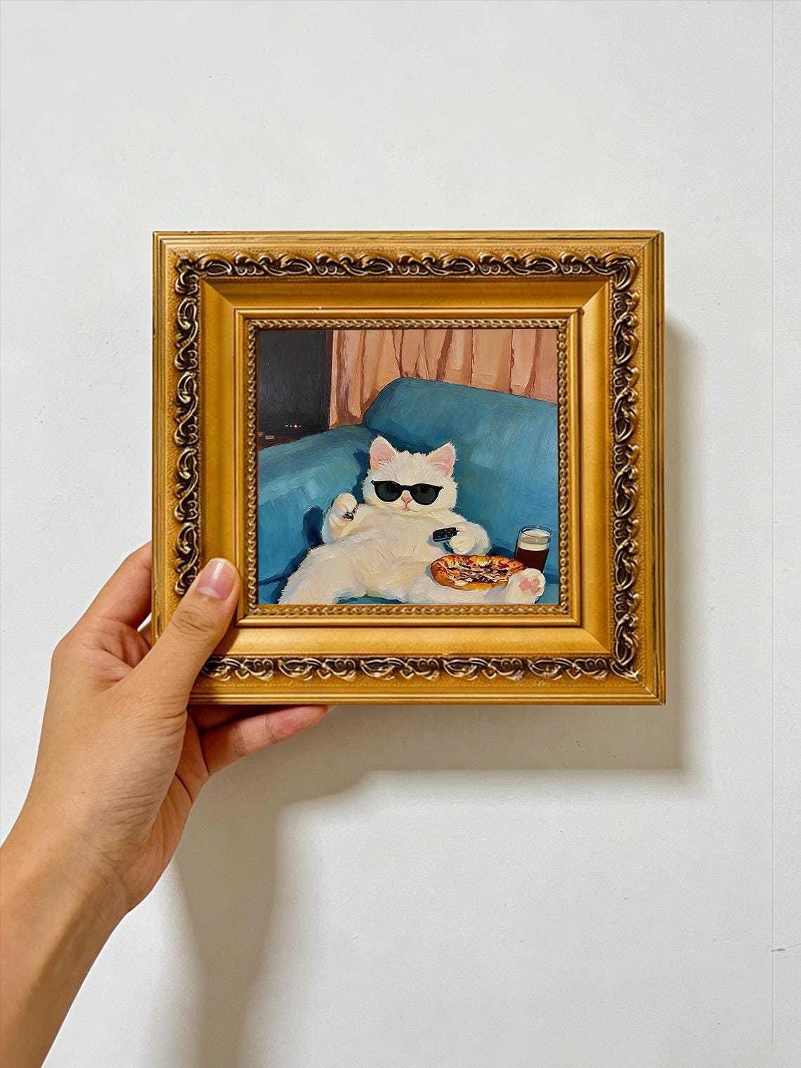 Hand-painted Oil Painting, Cozy Cat Art, Framed Wall Decor, Lazy White Cat with Pizza &amp; Sunglasse