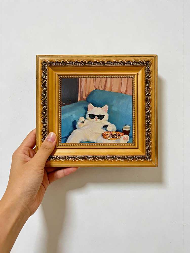 Hand-painted Oil Painting, Cozy Cat Art, Framed Wall Decor, Lazy White Cat with Pizza &amp; Sunglasse