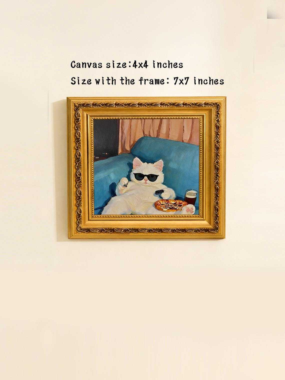 Hand-painted Oil Painting, Cozy Cat Art, Framed Wall Decor, Lazy White Cat with Pizza &amp; Sunglasse