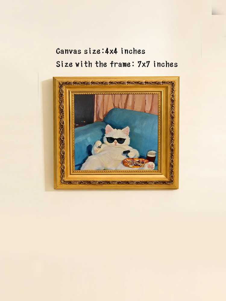 Hand-painted Oil Painting, Cozy Cat Art, Framed Wall Decor, Lazy White Cat with Pizza &amp; Sunglasse