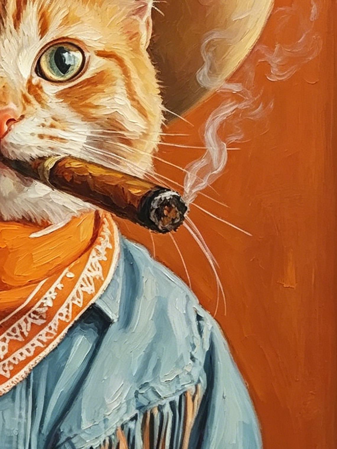 Cowboy Cat smoking Oil Painting Print, Funny Ginger Cat Wall Art, Western Cat Decor, Cat Lover Gift