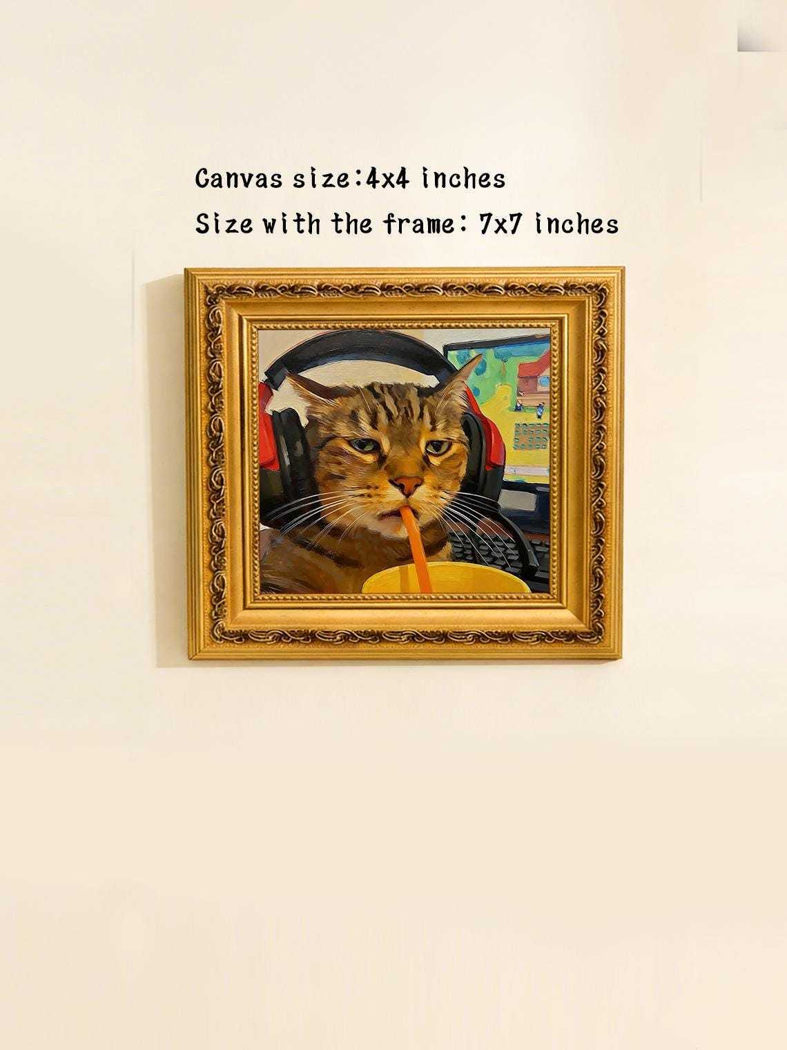 Hand-painted Oil Painting, Cool Cat Art, Framed Wall Decor, Tabby Cat with Headphones Drinking Soda
