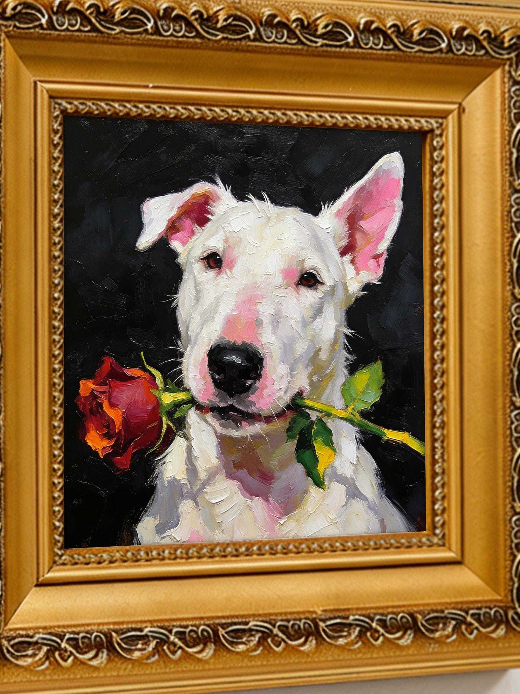Original Hand-Painted Oil Painting, Bull Terrier with Red Rose, Framed Wall Art