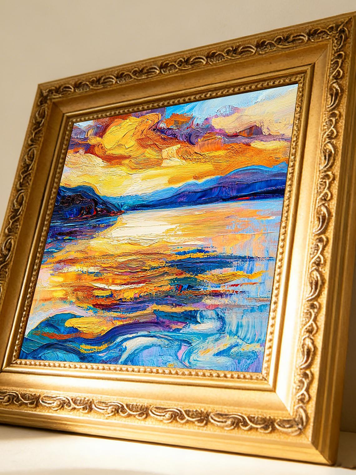 Hand-painted Oil Painting, Impasto Landscape Art, Framed Wall Decor, Vibrant Sunset Lake Mountain Scene