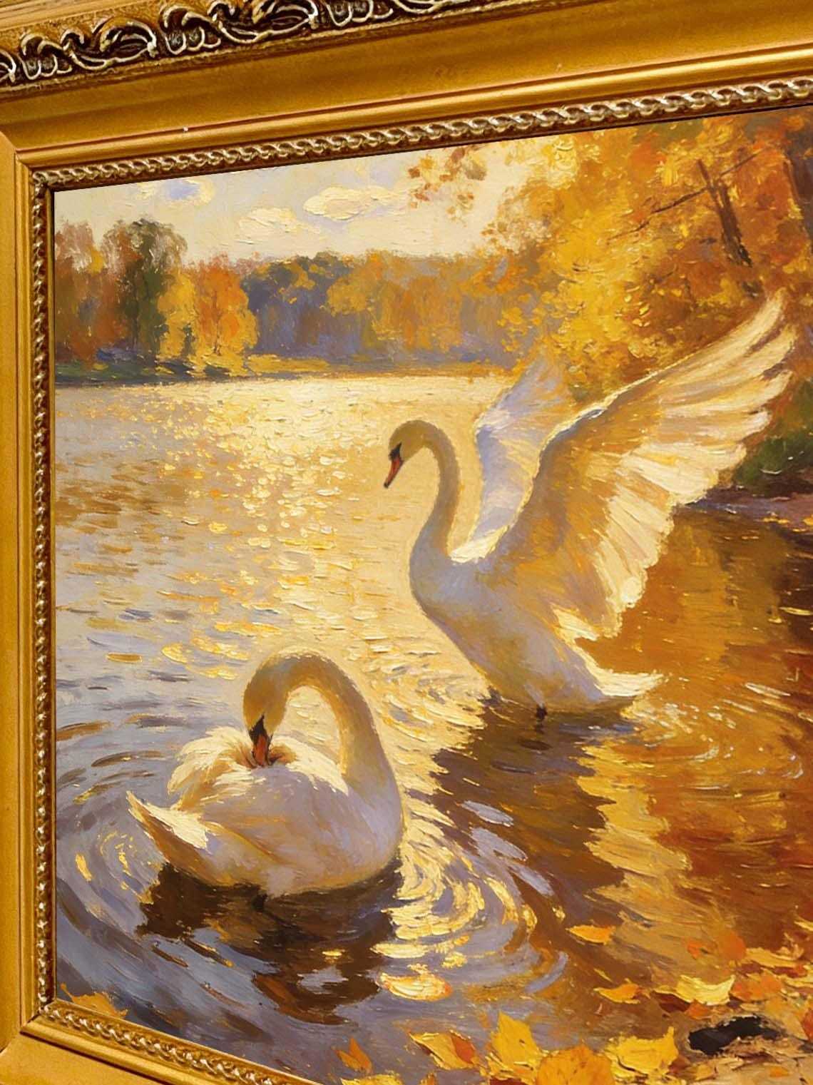 Framed Swan Oil Painting, Autumn Lake Impressionist Wall Art