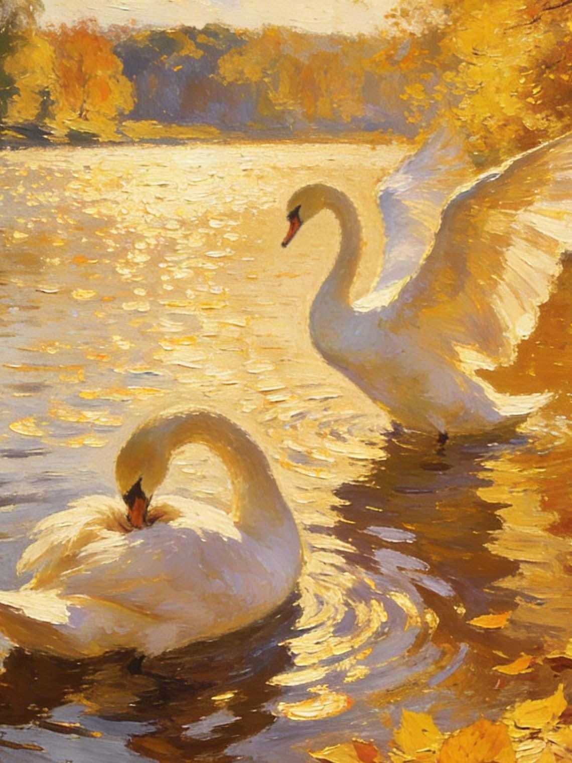 Framed Swan Oil Painting, Autumn Lake Impressionist Wall Art