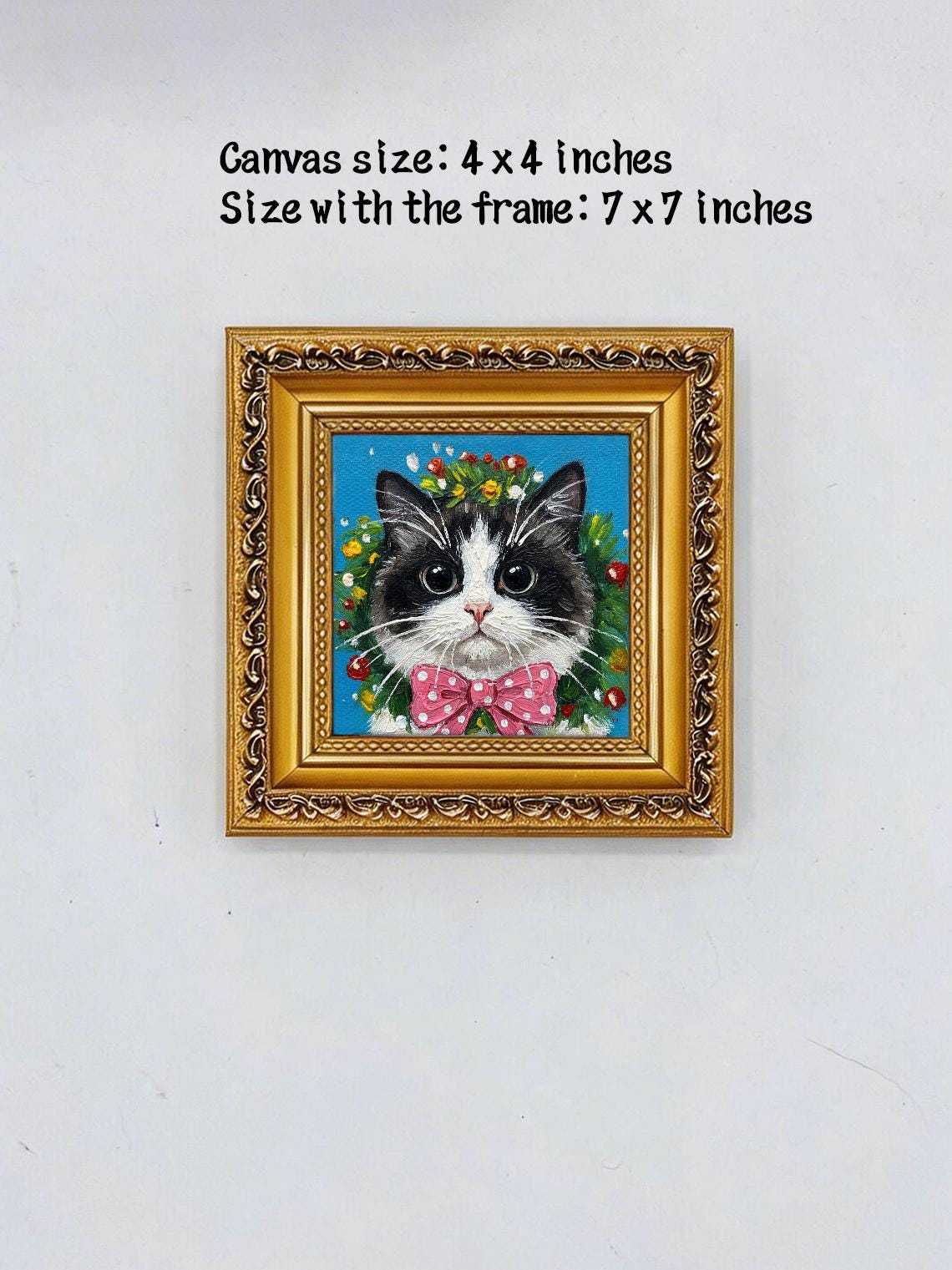 Hand-painted Framed Art, Original Oil Painting, 4x4 inch Canvas Artwork, Christmas Gift, Nursery Wall Art, Cute Kitten with Pink Bow