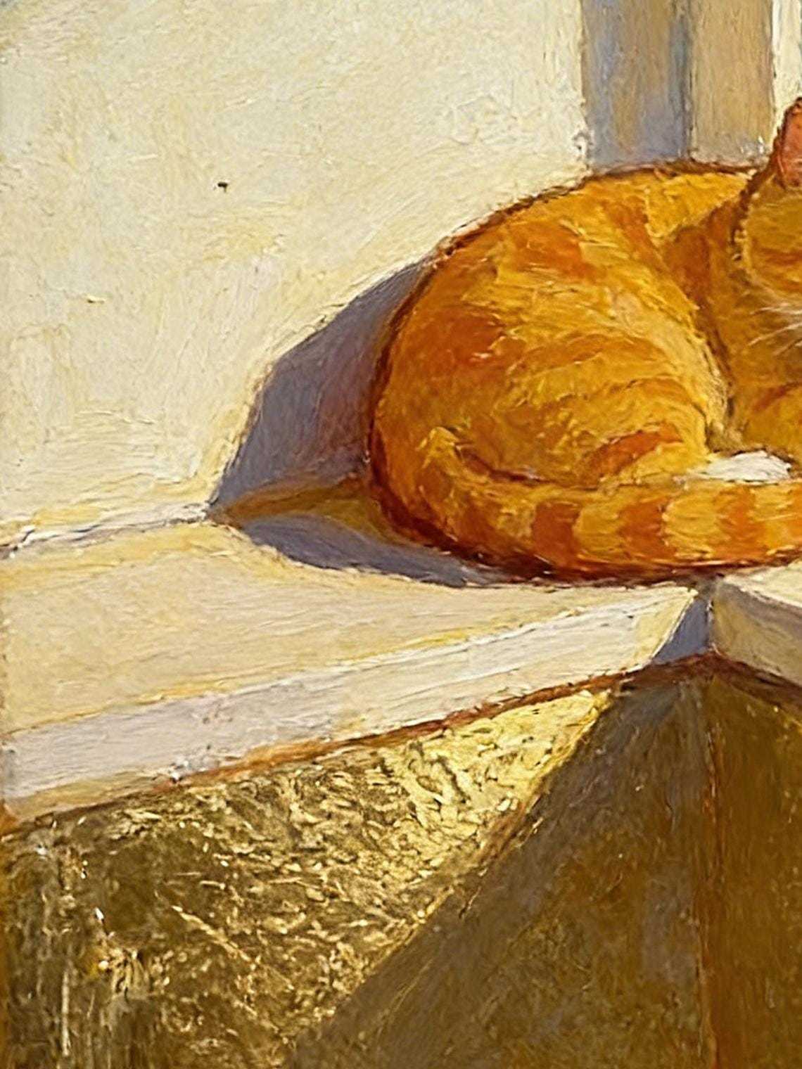 Original Hand Painted Orange Cat Oil Painting, Gold Foil Framed Art, Window Cat Lover Gift, Cozy Wall Decor