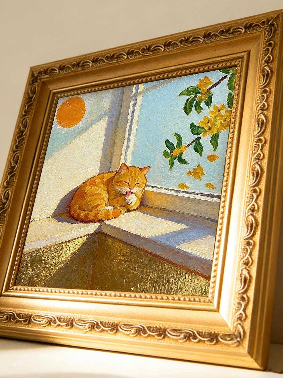 Original Hand Painted Orange Cat Oil Painting, Gold Foil Framed Art, Window Cat Lover Gift, Cozy Wall Decor
