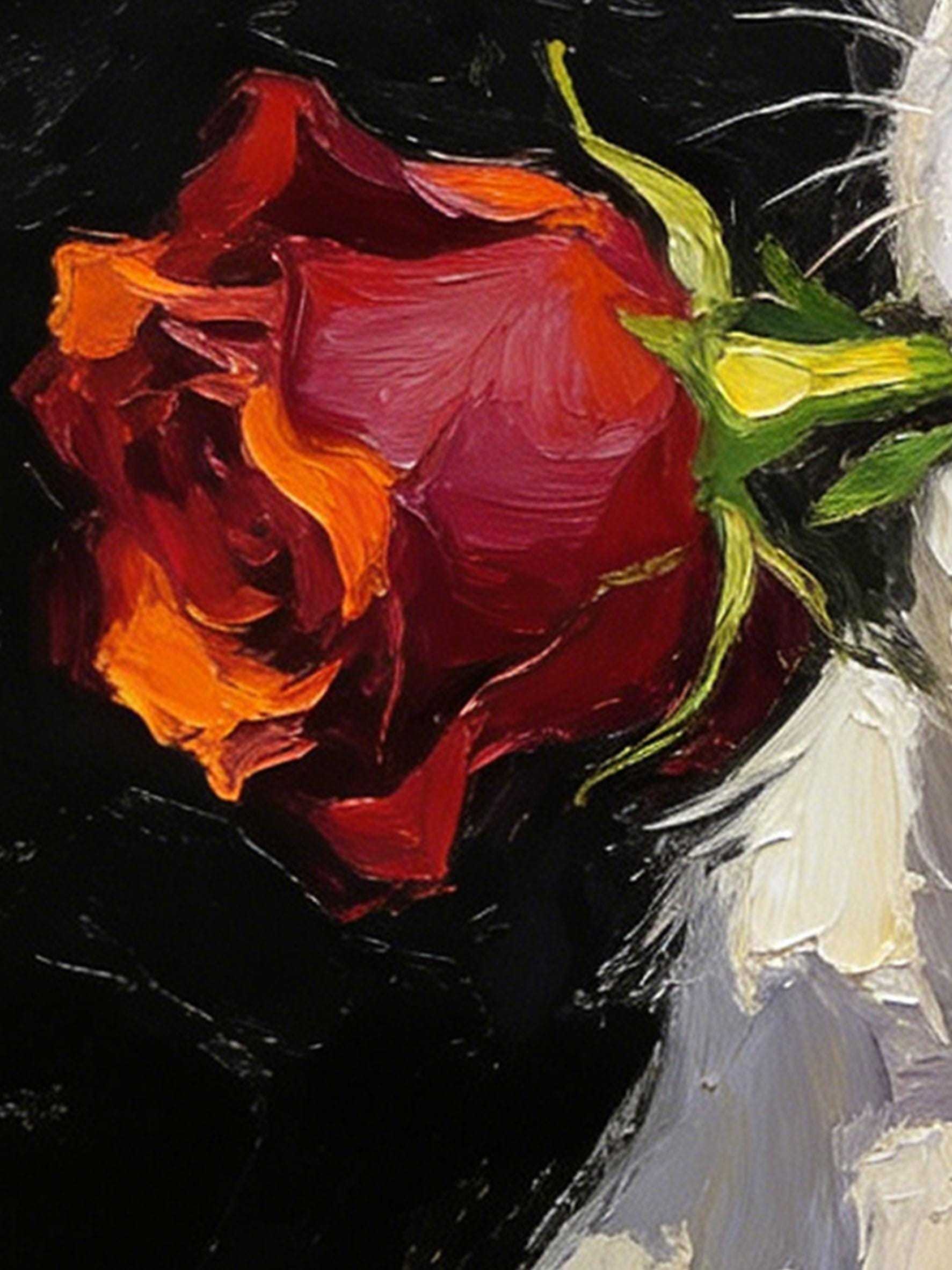 Original Hand-Painted Oil Painting, Bull Terrier with Red Rose, Framed Wall Art