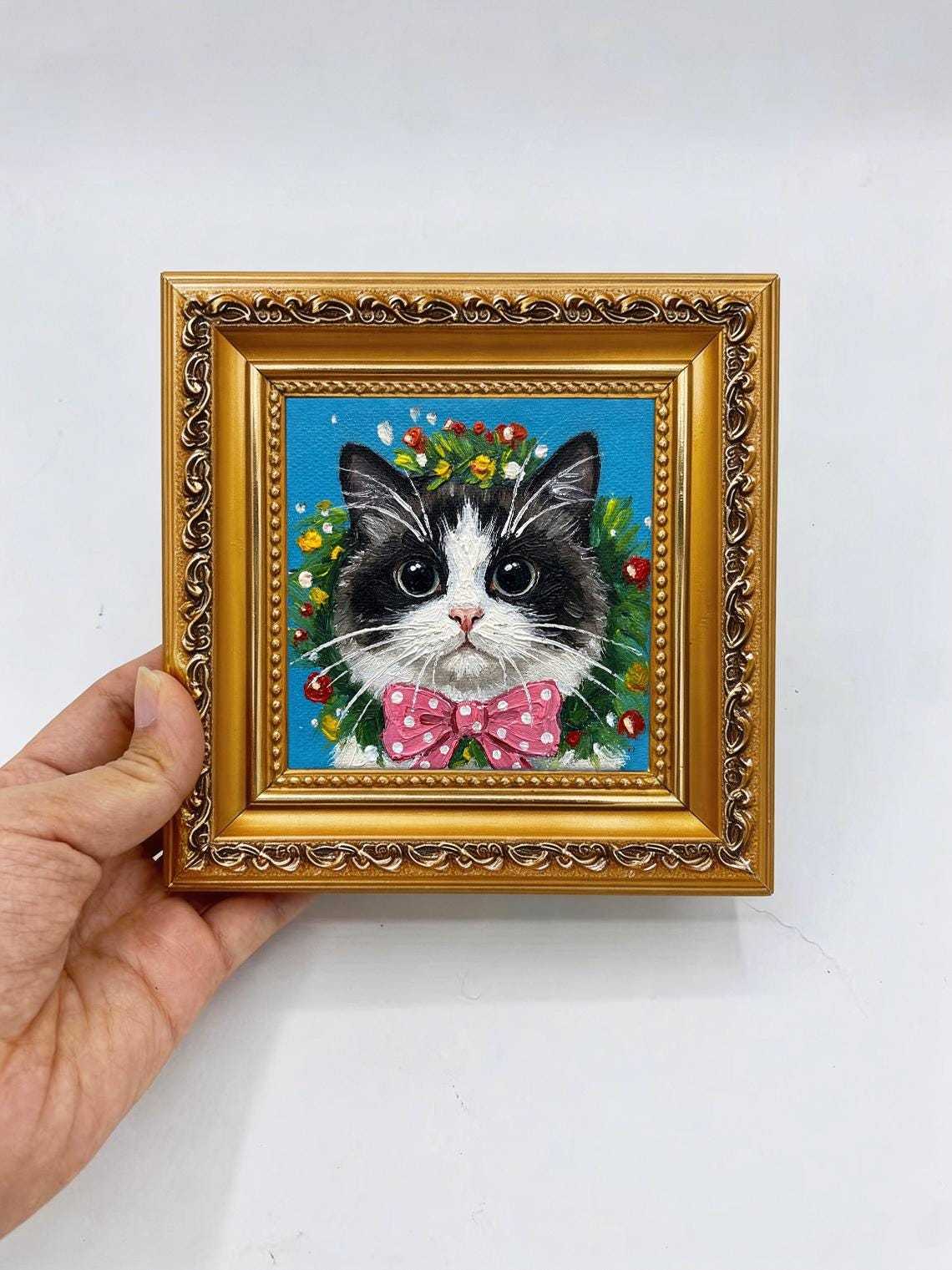 Hand-painted Framed Art, Original Oil Painting, 4x4 inch Canvas Artwork, Christmas Gift, Nursery Wall Art, Cute Kitten with Pink Bow