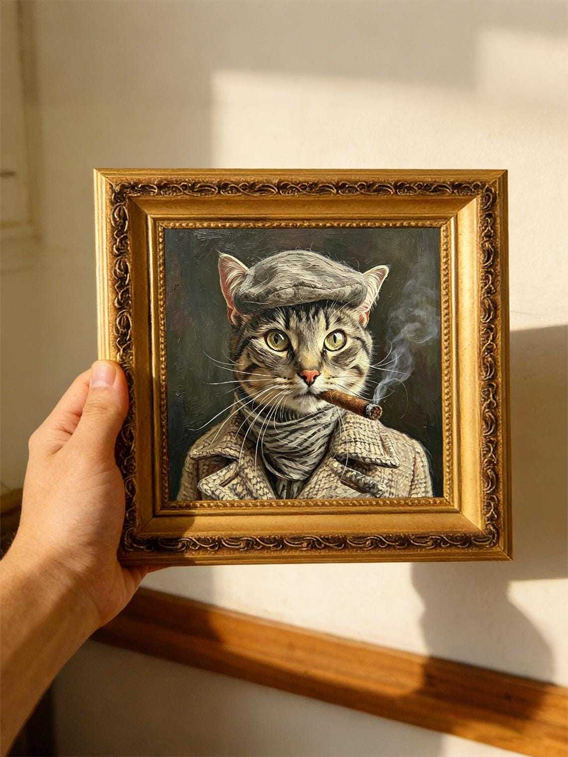 Vintage Gangster Tabby smoking Cat Oil Painting Print, Funny Cat Wall Art, Cat Lover Gift