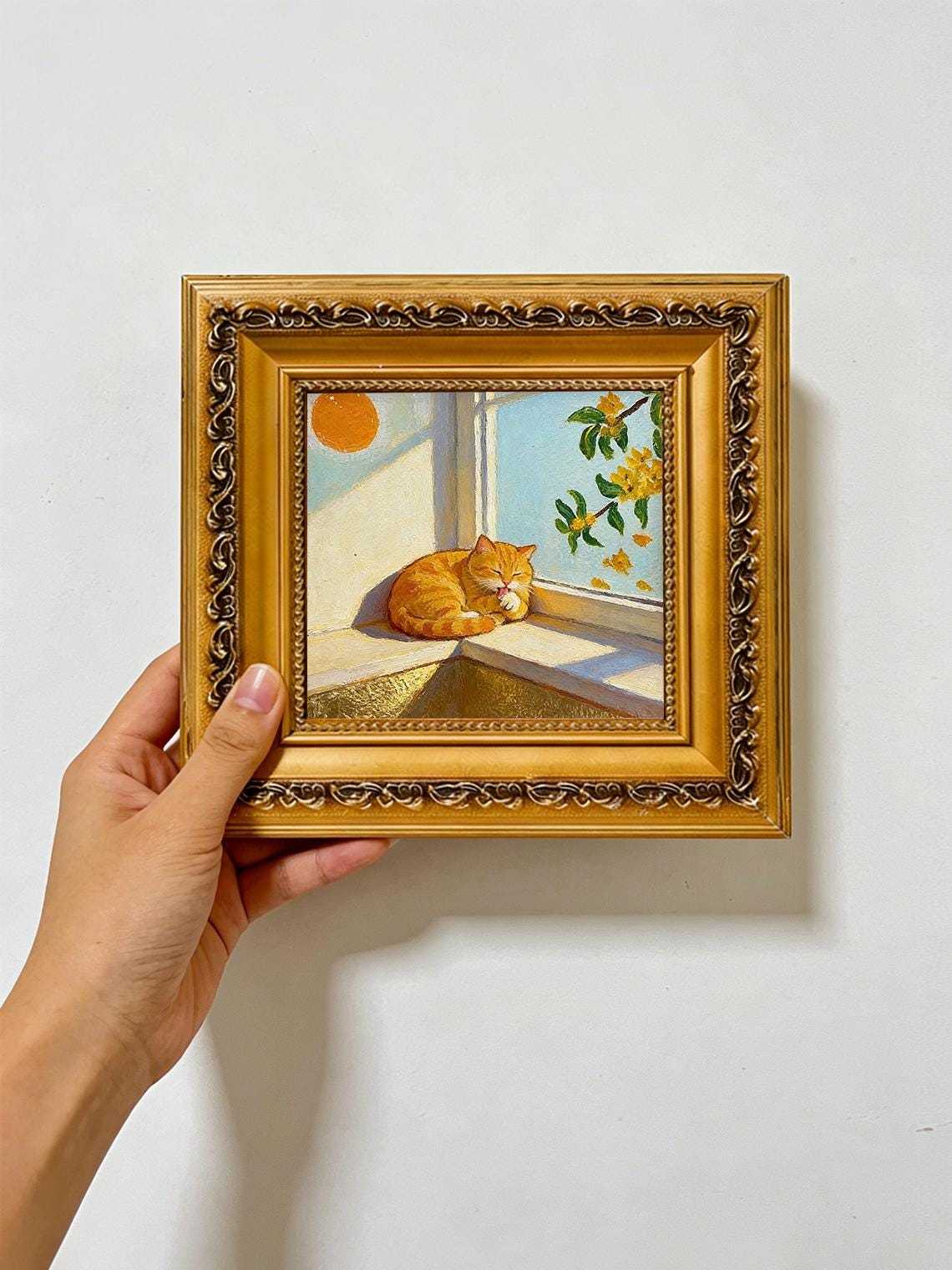 Original Hand Painted Orange Cat Oil Painting, Gold Foil Framed Art, Window Cat Lover Gift, Cozy Wall Decor