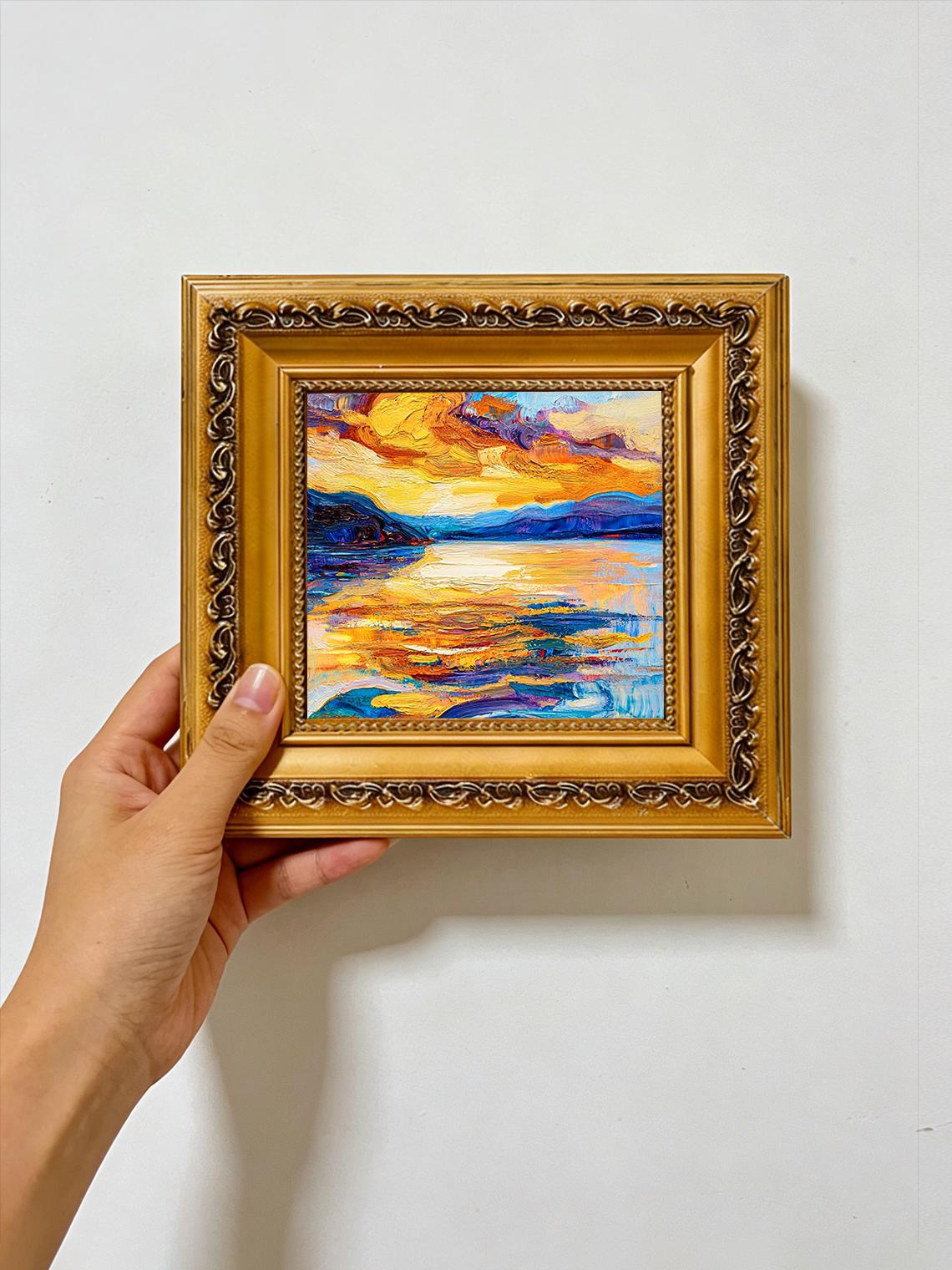 Hand-painted Oil Painting, Impasto Landscape Art, Framed Wall Decor, Vibrant Sunset Lake Mountain Scene