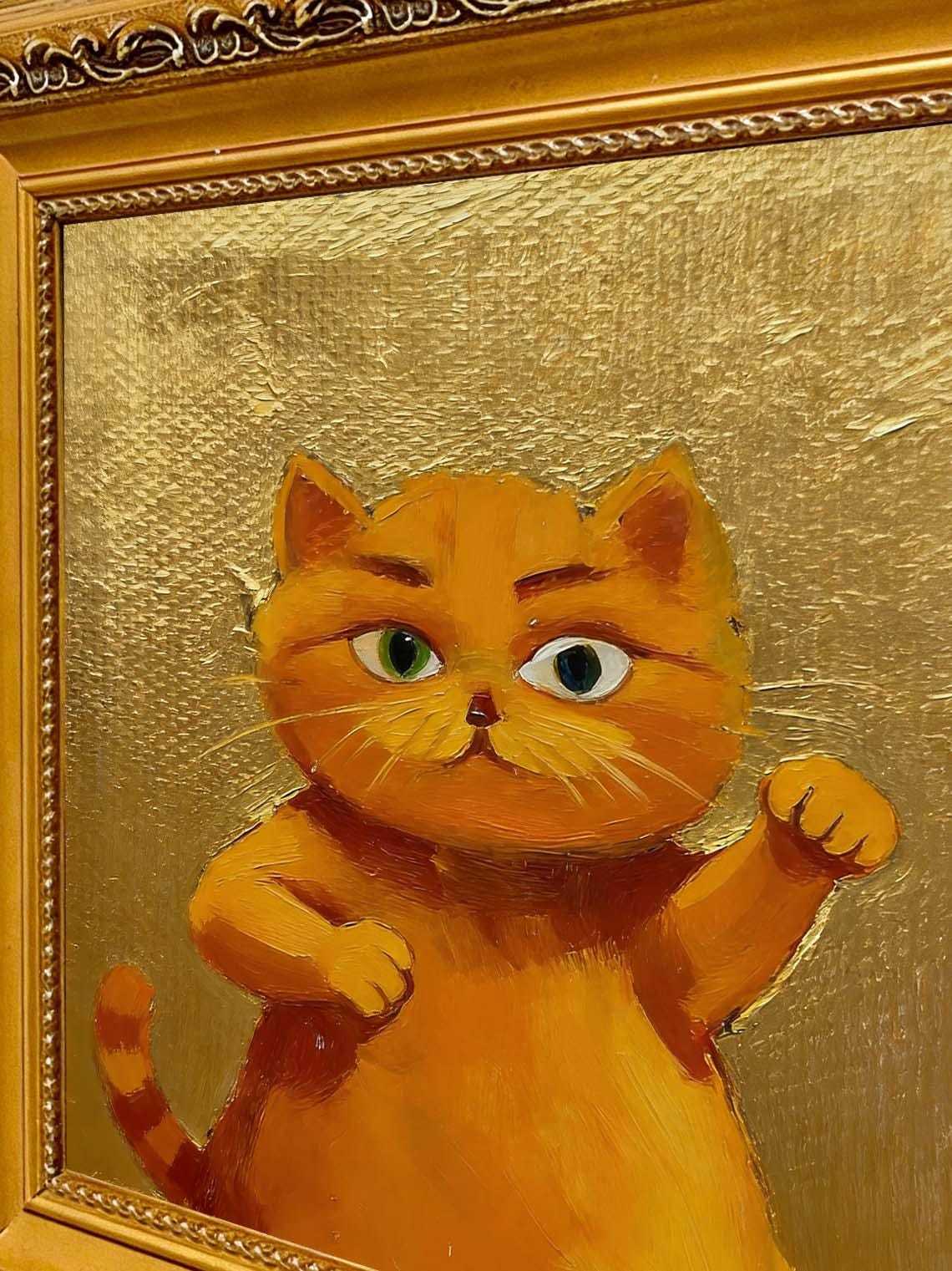 Cute Gallery Wall Art for Cat Lovers,Framed Ginger Cat Oil Painting, Small Gold Leaf Cat Portrait