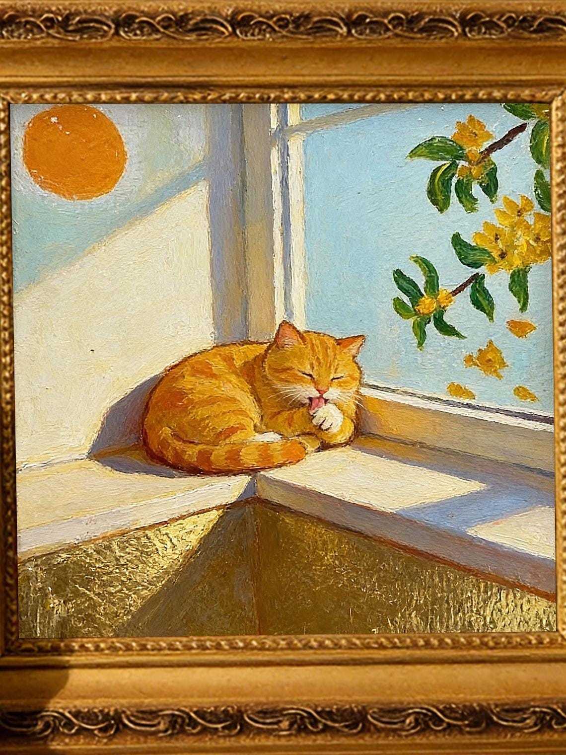 Original Hand Painted Orange Cat Oil Painting, Gold Foil Framed Art, Window Cat Lover Gift, Cozy Wall Decor