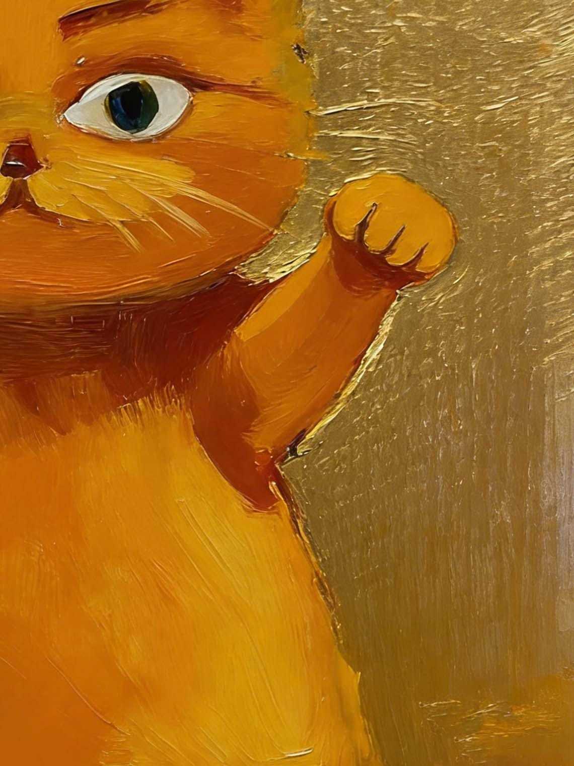 Cute Gallery Wall Art for Cat Lovers,Framed Ginger Cat Oil Painting, Small Gold Leaf Cat Portrait
