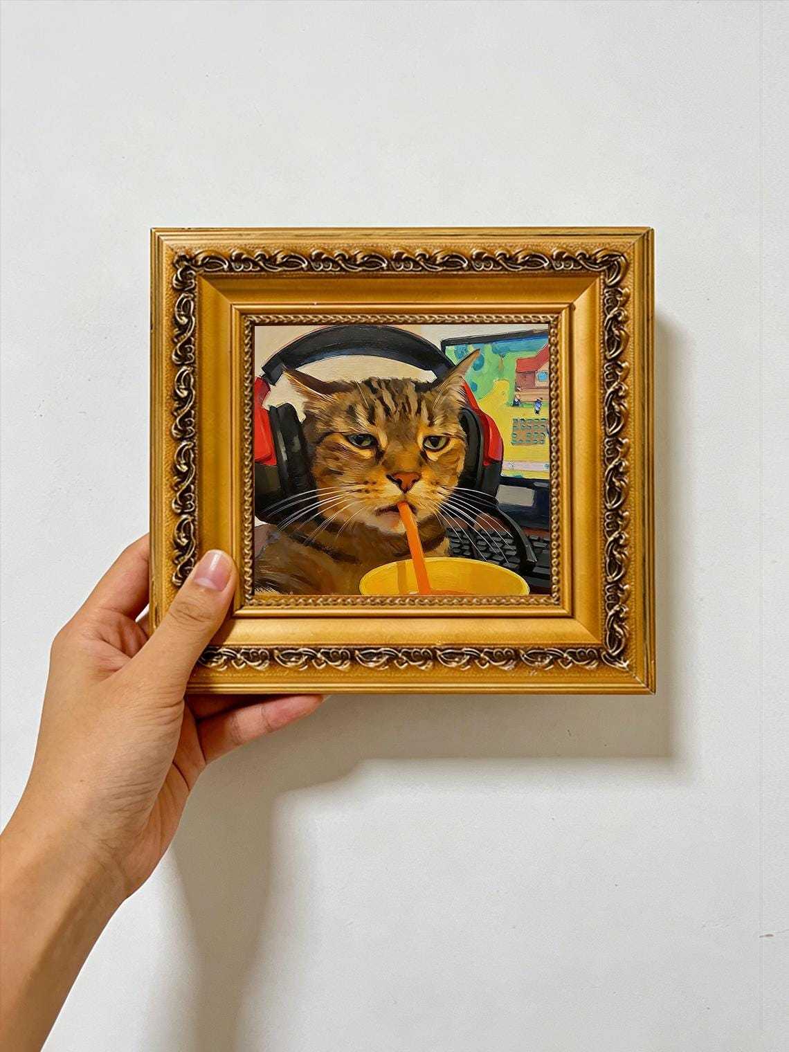Hand-painted Oil Painting, Cool Cat Art, Framed Wall Decor, Tabby Cat with Headphones Drinking Soda