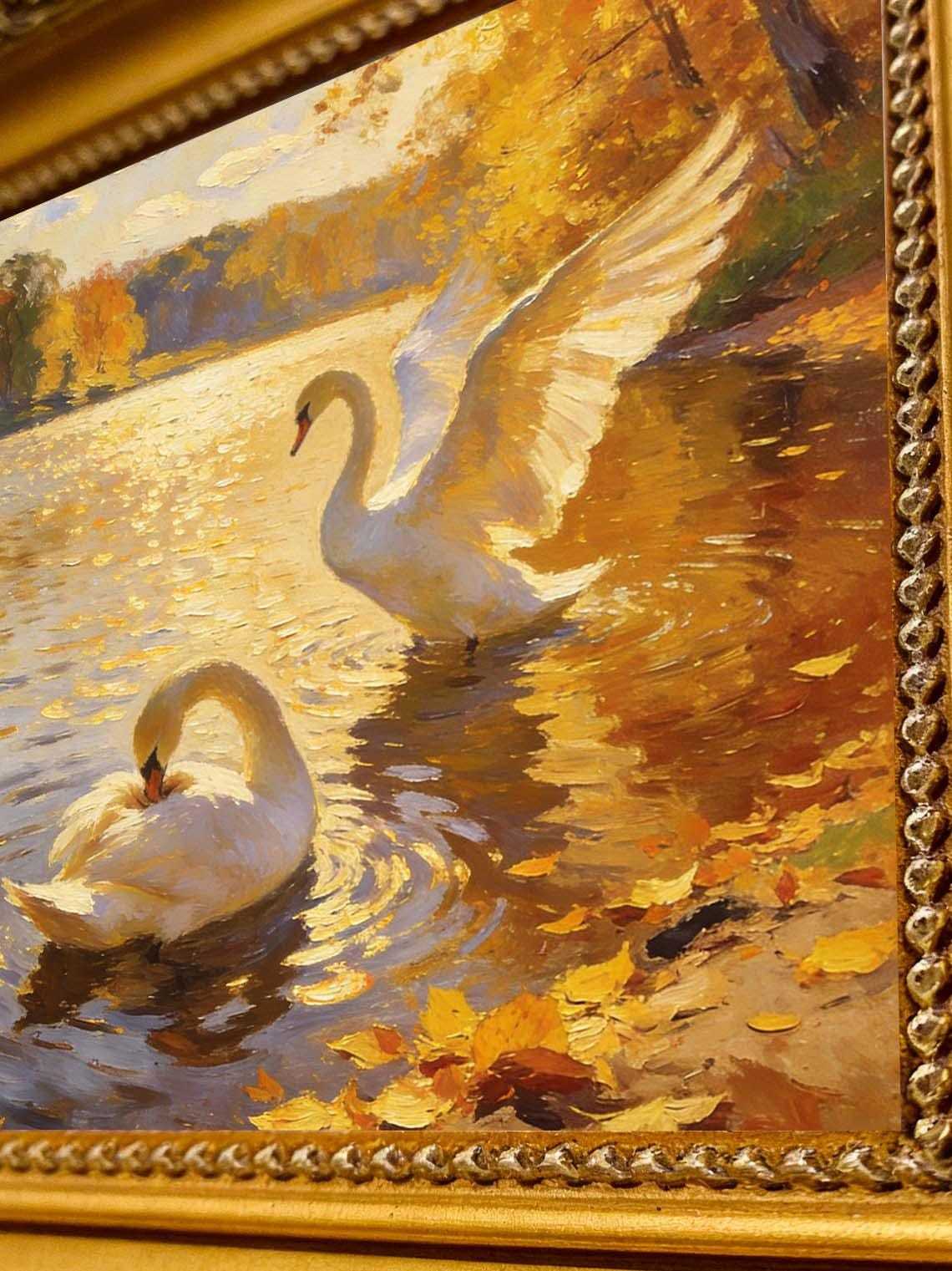 Framed Swan Oil Painting, Autumn Lake Impressionist Wall Art