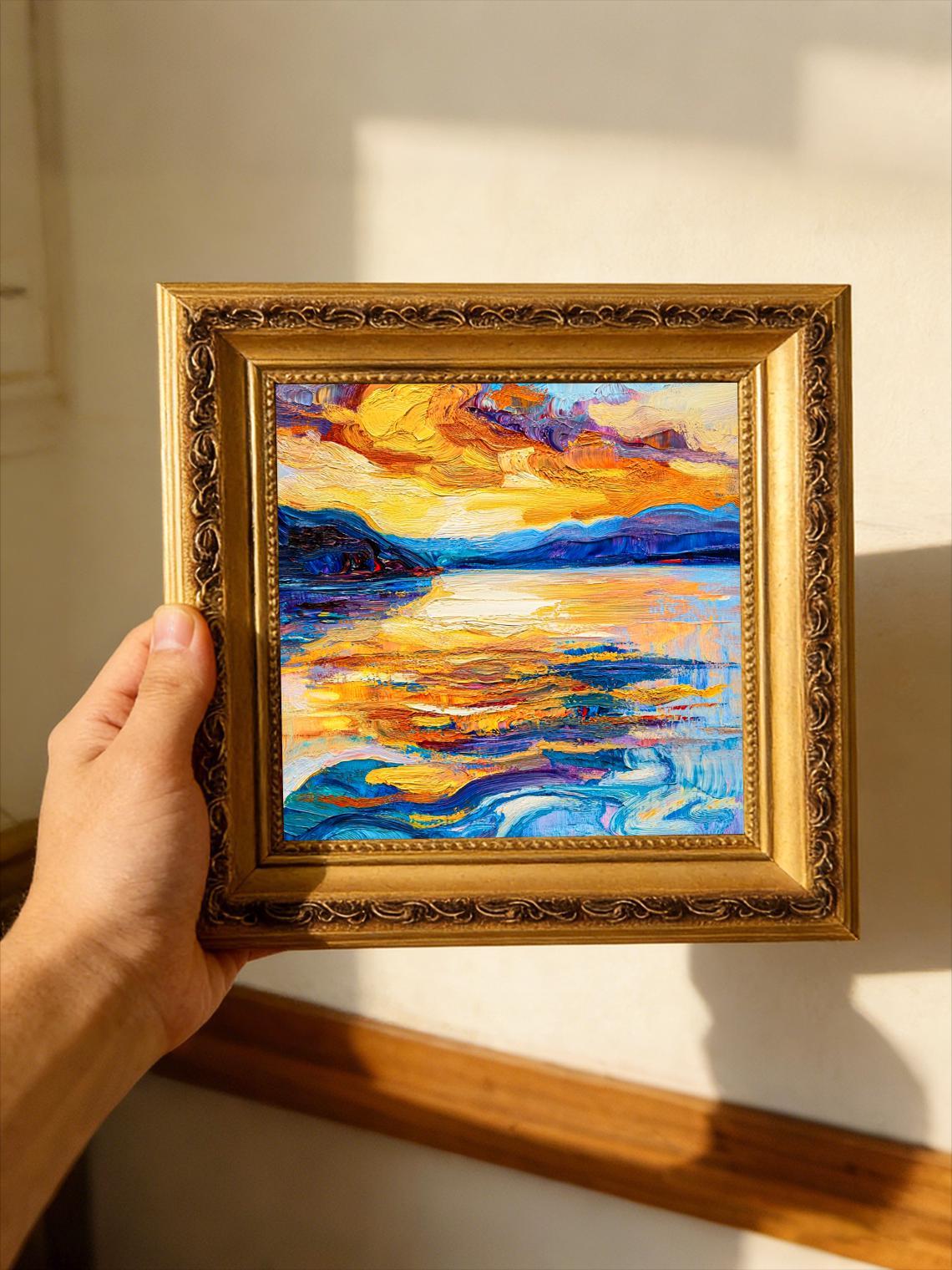 Hand-painted Oil Painting, Impasto Landscape Art, Framed Wall Decor, Vibrant Sunset Lake Mountain Scene