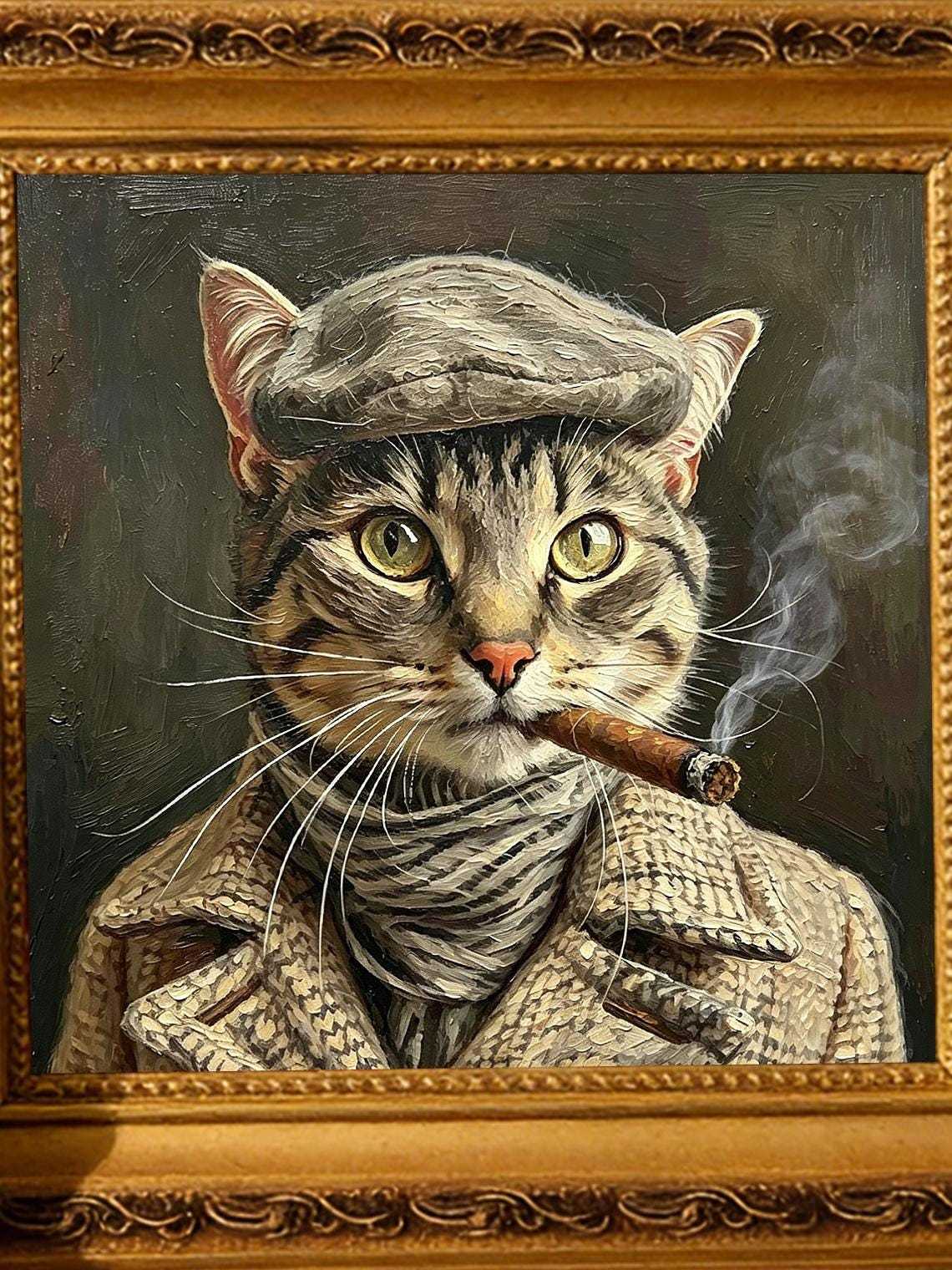 Vintage Gangster Tabby smoking Cat Oil Painting Print, Funny Cat Wall Art, Cat Lover Gift