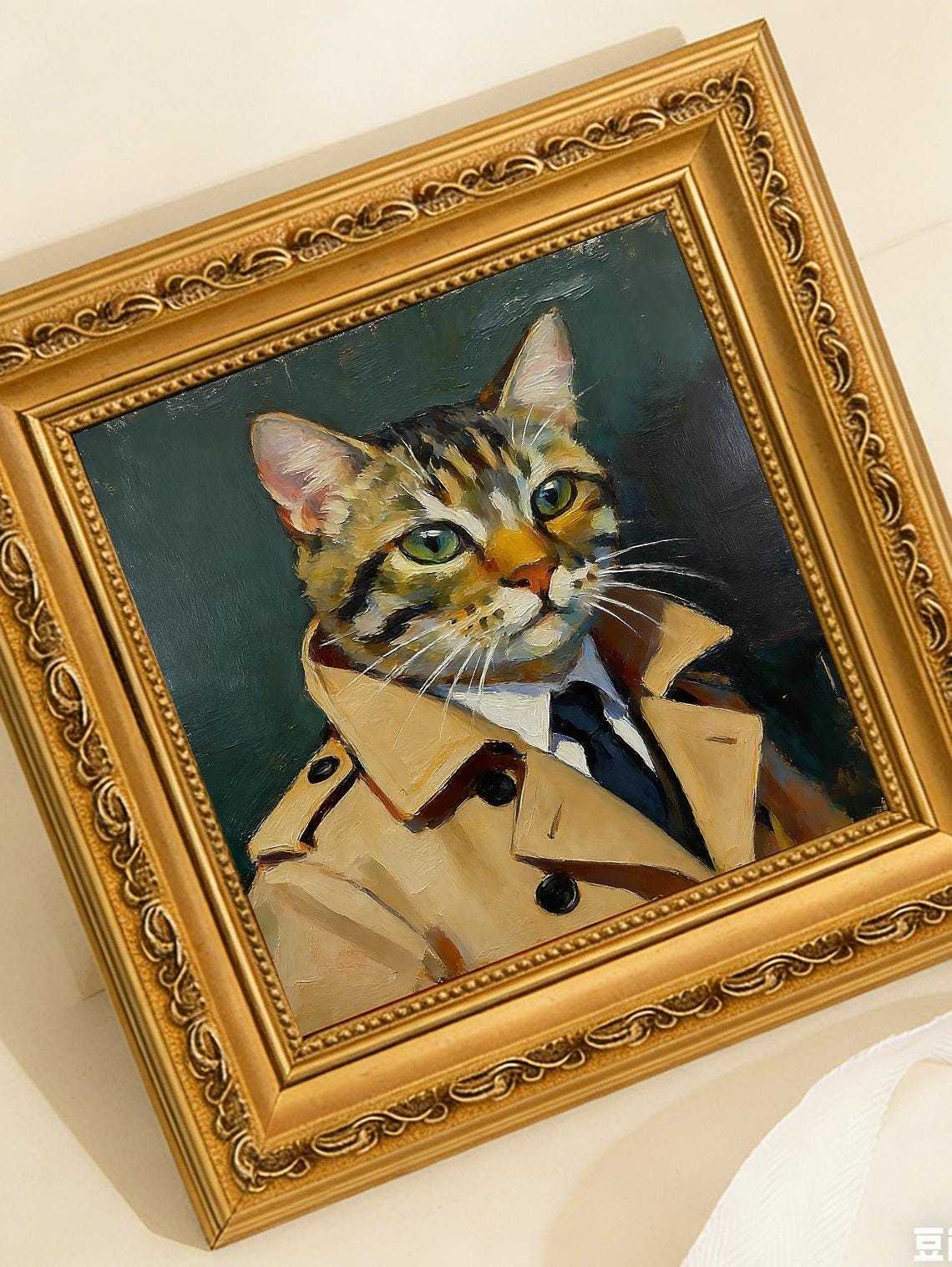 Original Hand Painted Cat in Suit Oil Painting, Gold Framed Art, Cool Cat Lover Gift, Nursery Wall Decor
