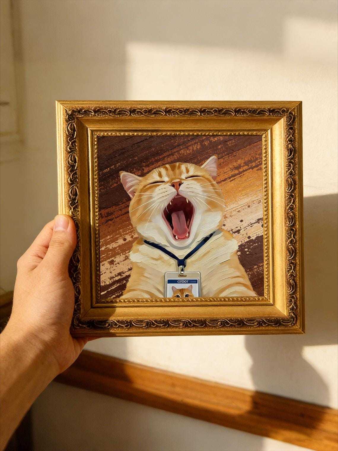 Hand-painted Oil Painting, Cute Cat Art, Framed Wall Decor, Yawning Orange Tabby Cat with ID Badge