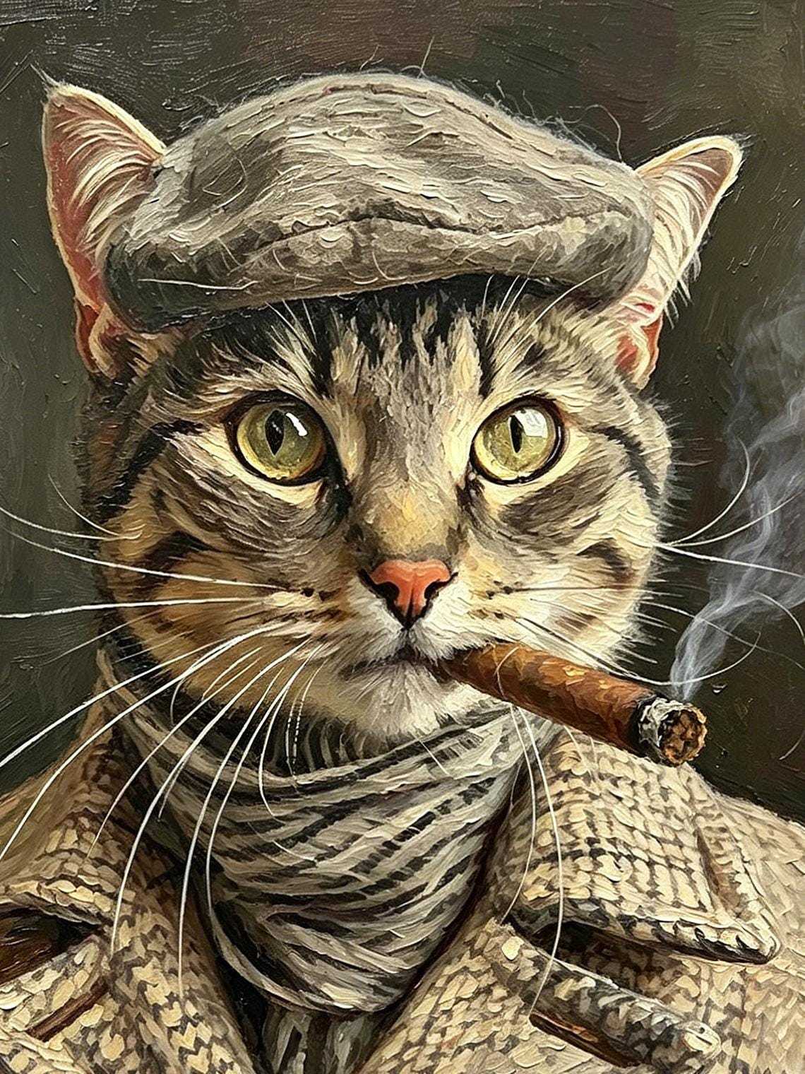 Vintage Gangster Tabby smoking Cat Oil Painting Print, Funny Cat Wall Art, Cat Lover Gift