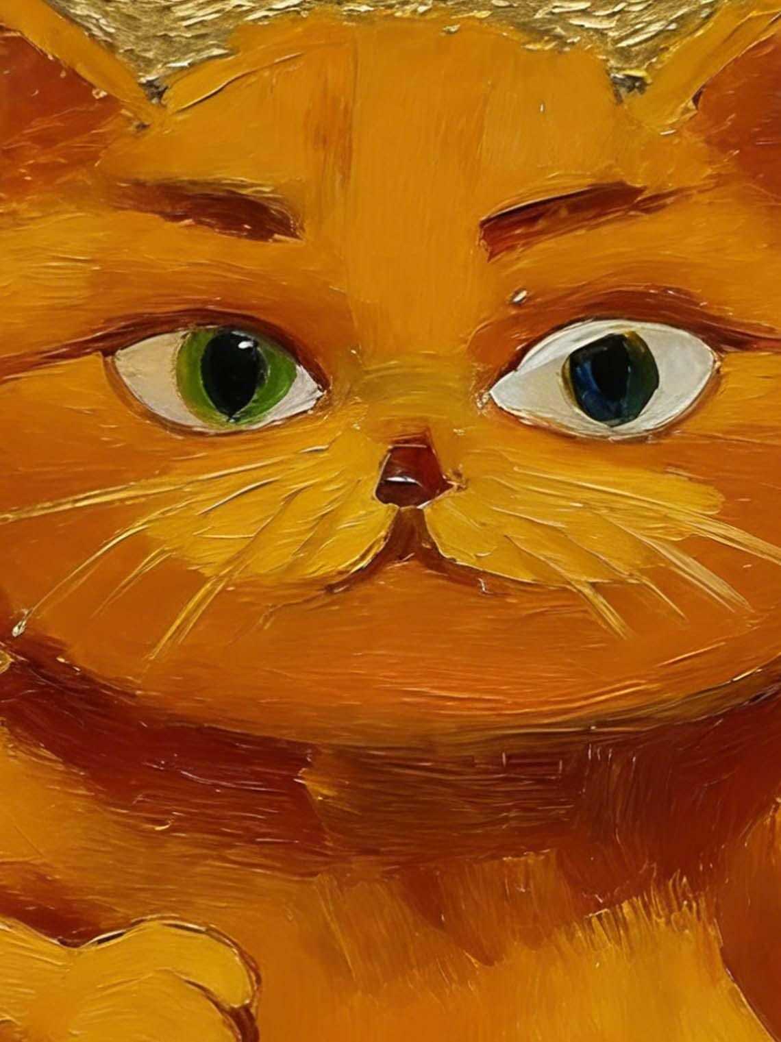 Cute Gallery Wall Art for Cat Lovers,Framed Ginger Cat Oil Painting, Small Gold Leaf Cat Portrait