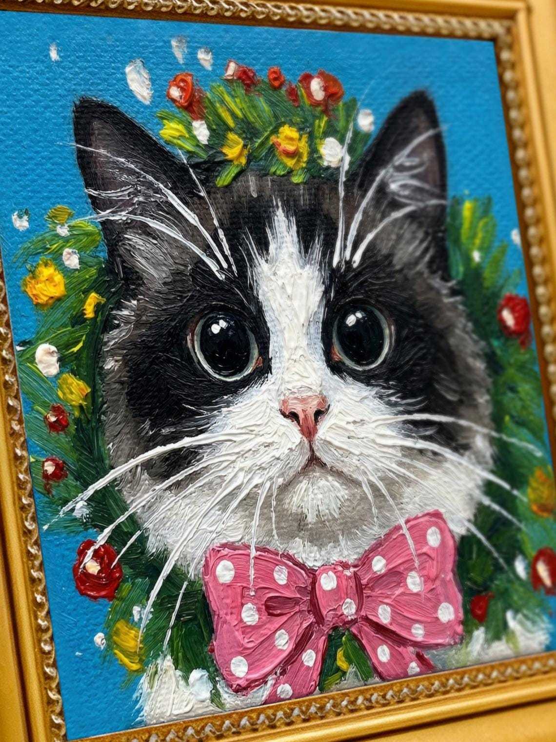Hand-painted Framed Art, Original Oil Painting, 4x4 inch Canvas Artwork, Christmas Gift, Nursery Wall Art, Cute Kitten with Pink Bow