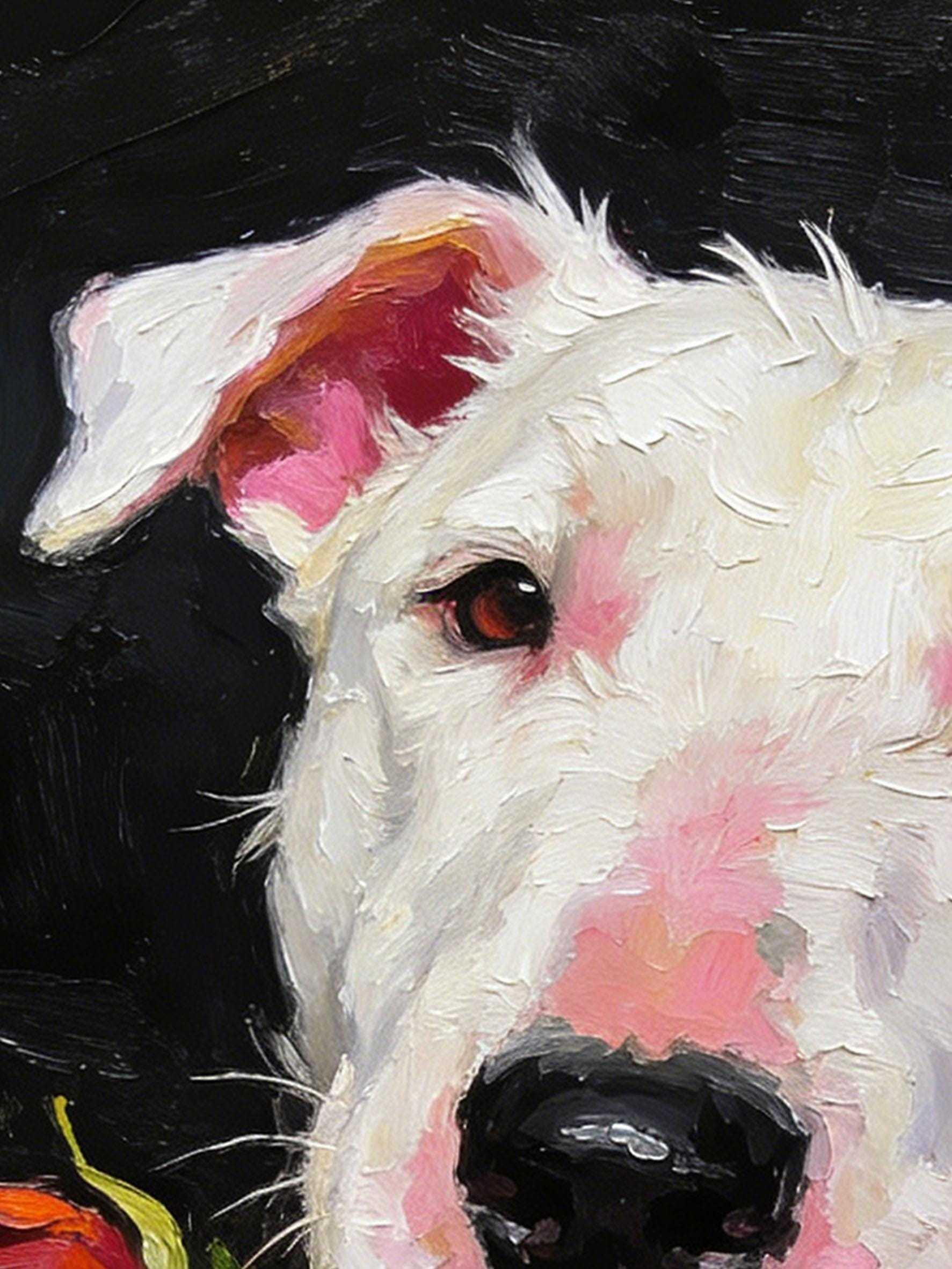 Original Hand-Painted Oil Painting, Bull Terrier with Red Rose, Framed Wall Art
