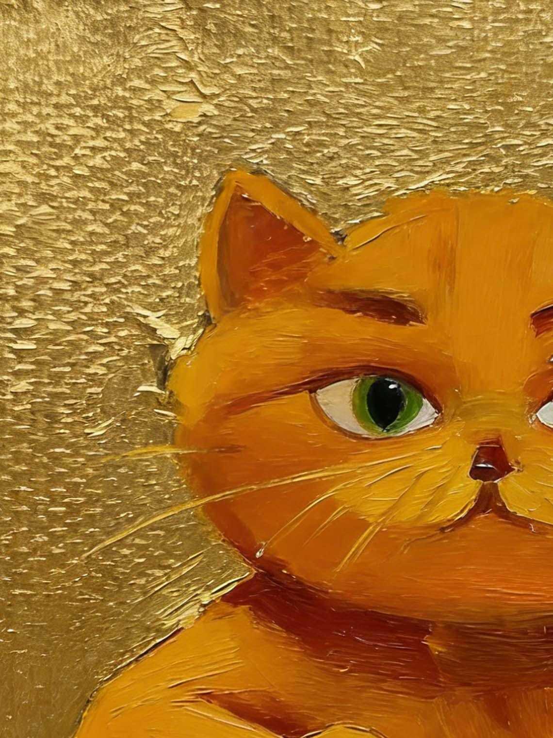 Cute Gallery Wall Art for Cat Lovers,Framed Ginger Cat Oil Painting, Small Gold Leaf Cat Portrait