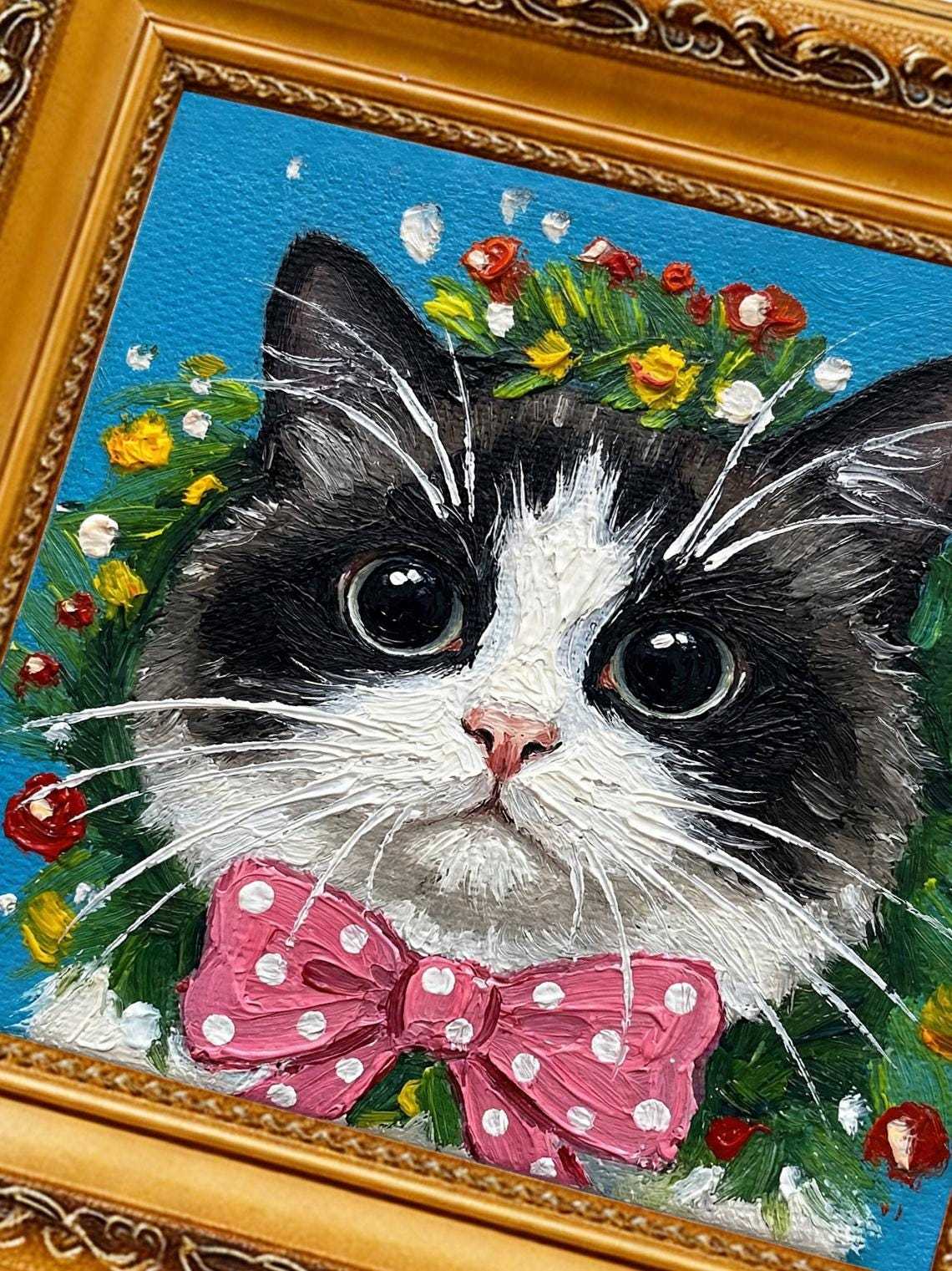 Hand-painted Framed Art, Original Oil Painting, 4x4 inch Canvas Artwork, Christmas Gift, Nursery Wall Art, Cute Kitten with Pink Bow