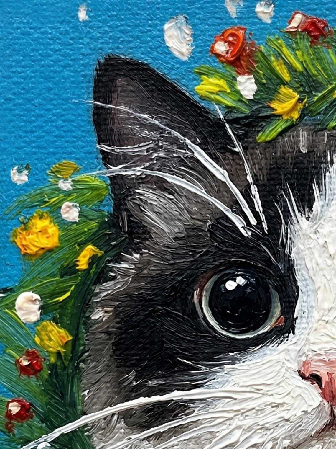 Hand-painted Framed Art, Original Oil Painting, 4x4 inch Canvas Artwork, Christmas Gift, Nursery Wall Art, Cute Kitten with Pink Bow